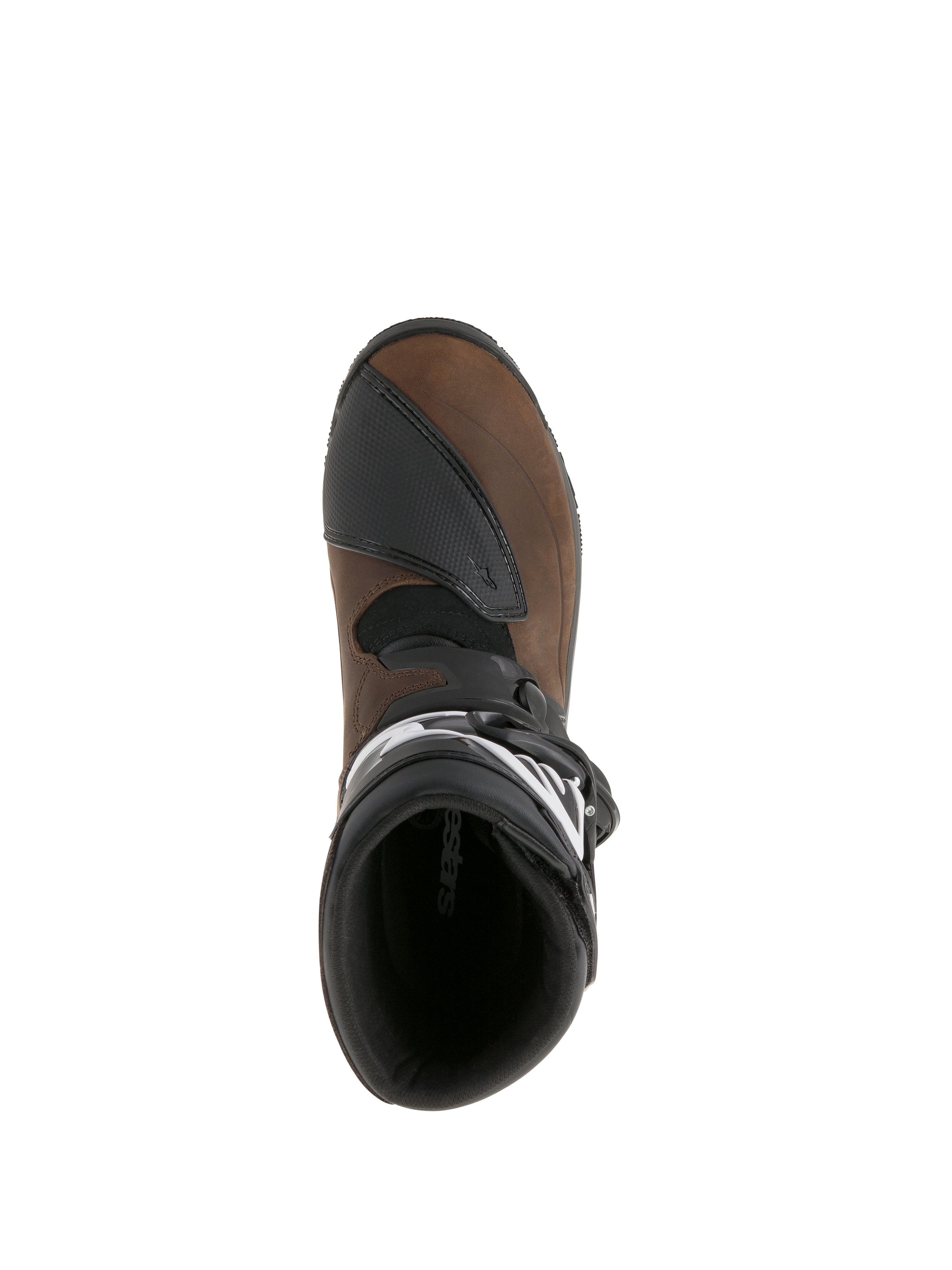 Botas Alpinestars Belize Drystar®, castanho oleado e preto, vista de cima mostrando o forro interior e a proteção de mudanças texturizada, botas de motociclismo de turismo de aventura em pele