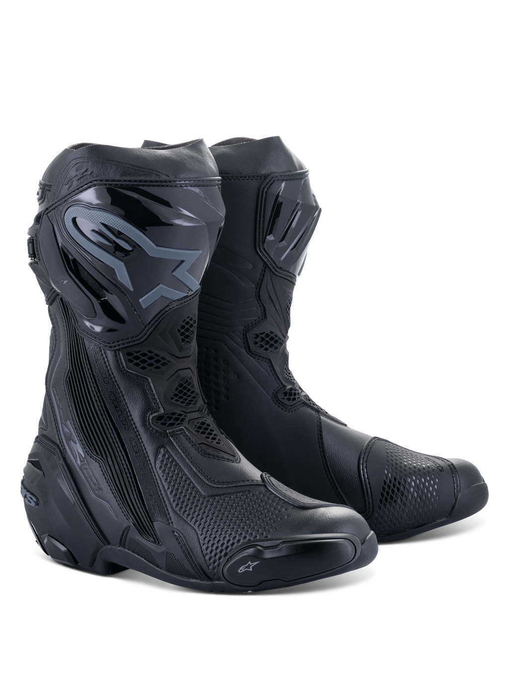 Botas Alpinestars Supertech R, botas de corrida para motociclismo, totalmente pretas, com placas de canela protetoras em TPU, sliders substituíveis e um design de performance aerodinâmico para condução em estrada e pista.