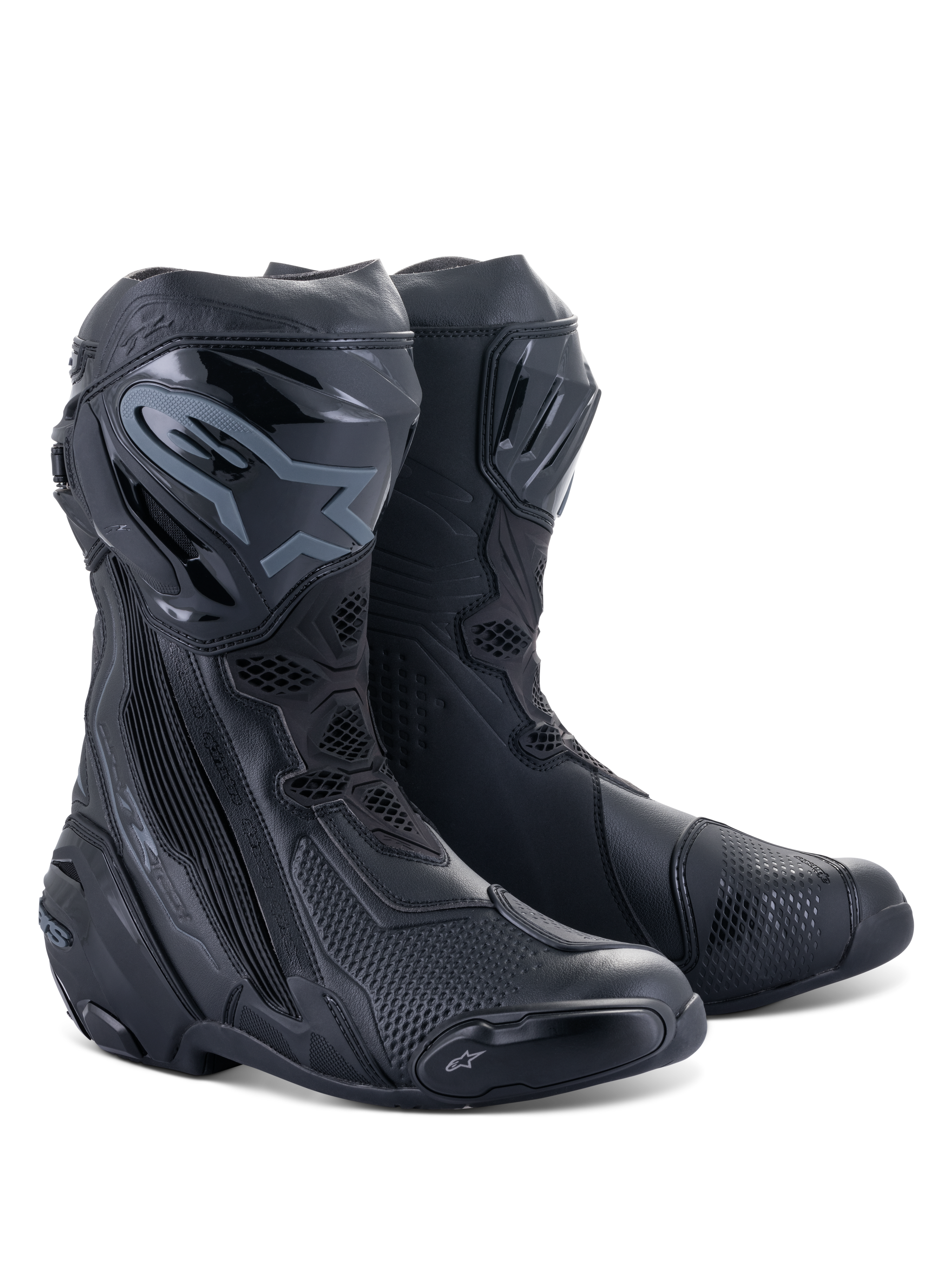 Botas Alpinestars Supertech R, botas de corrida para motociclismo, totalmente pretas, com placas de canela protetoras em TPU, sliders substituíveis e um design de performance aerodinâmico para condução em estrada e pista.