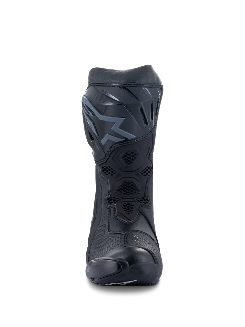 Alpinestars Supertech R Boots, botas de motociclismo de competição, pretas, vista frontal mostrando a placa de canela em TPU com logótipo, painéis de ventilação em malha e construção protetora aerodinâmica