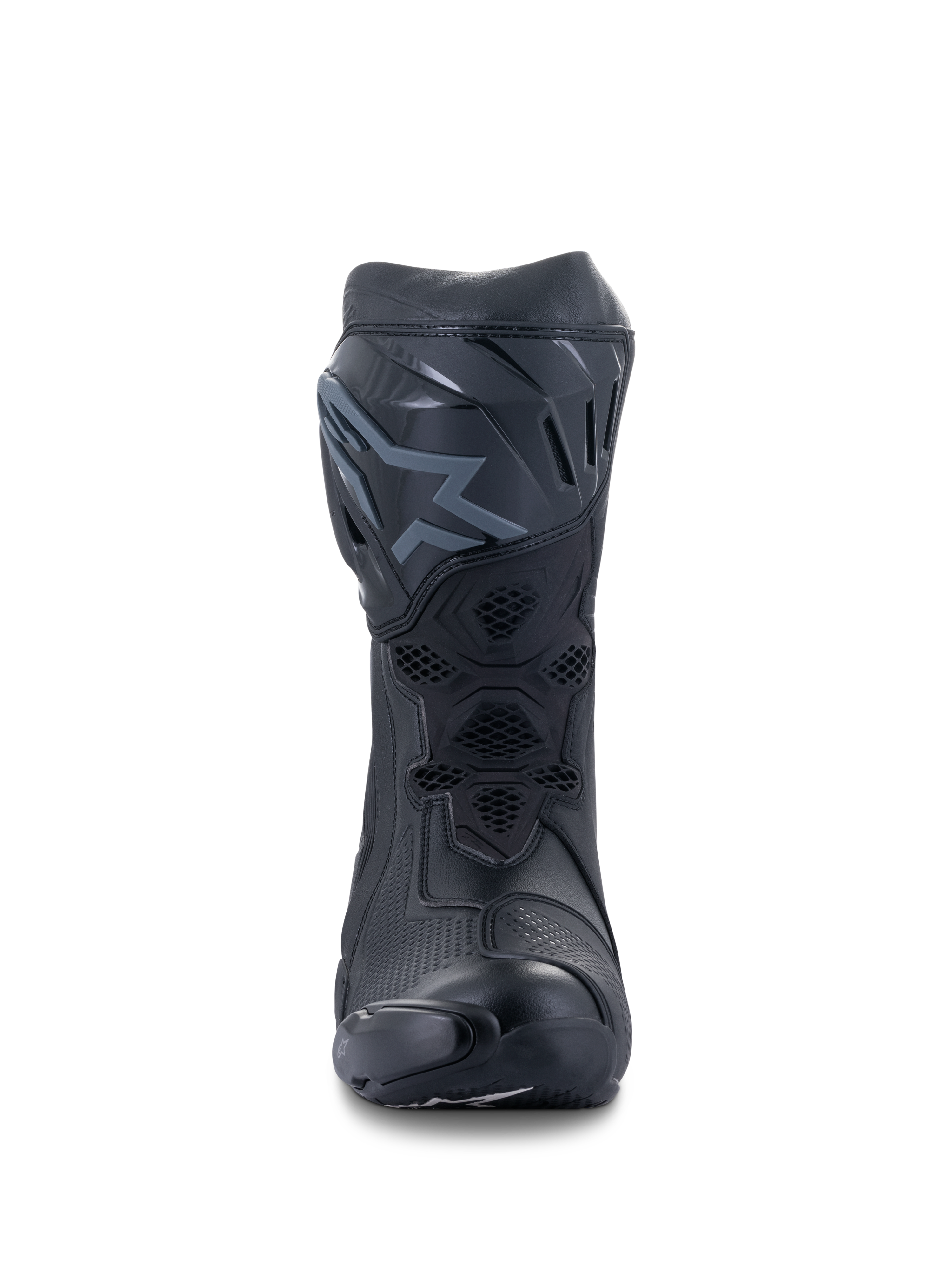 Alpinestars Supertech R Boots, botas de motociclismo de competição, pretas, vista frontal mostrando a placa de canela em TPU com logótipo, painéis de ventilação em malha e construção protetora aerodinâmica