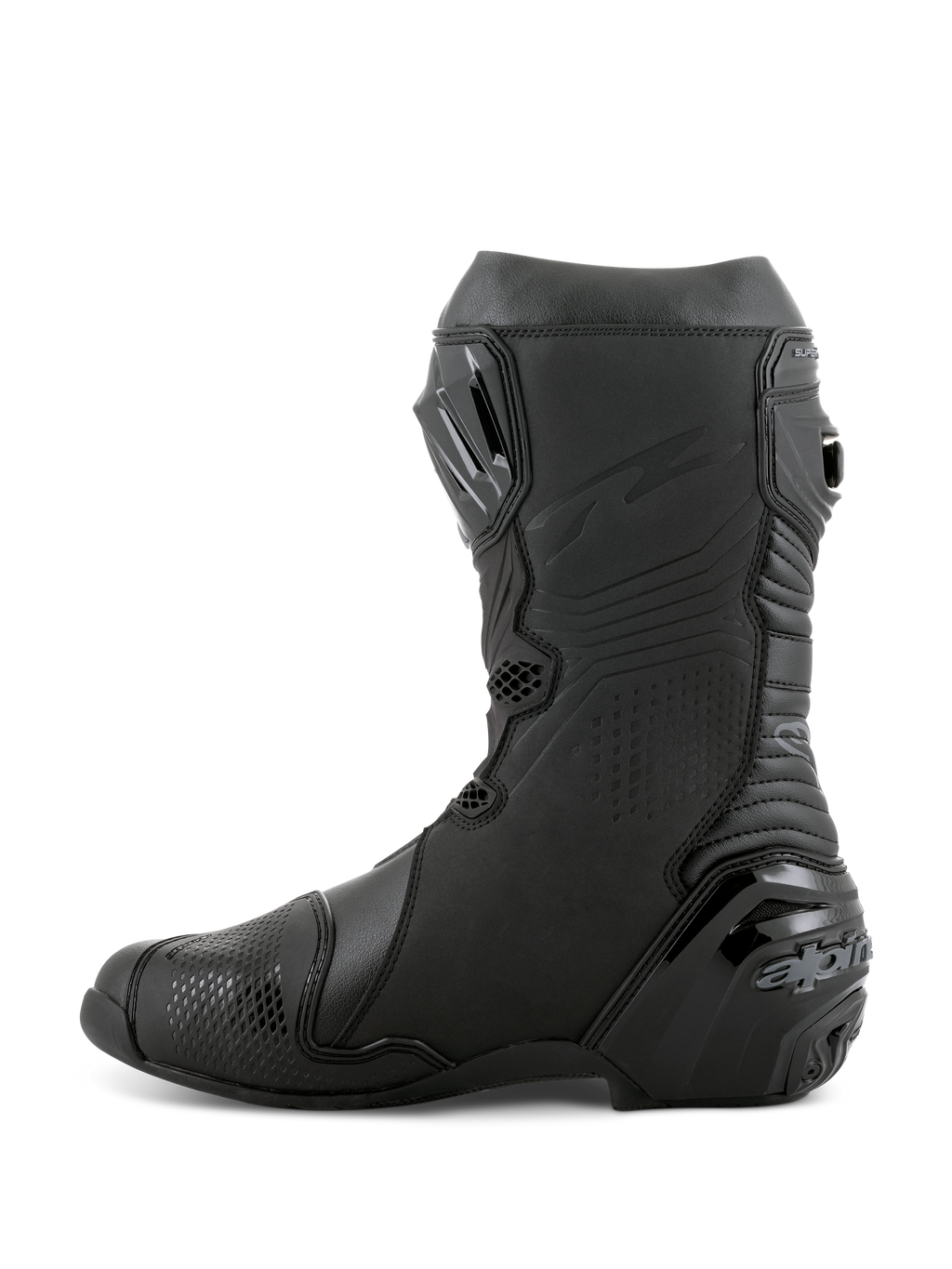 Botas Alpinestars Supertech R, botas de motociclismo de corrida, pretas, vista de perfil lateral com placa de canela em TPU, protetor de calcanhar reforçado e zonas flexíveis em acordeão para um movimento natural, calçado de performance profissional para pista e estrada