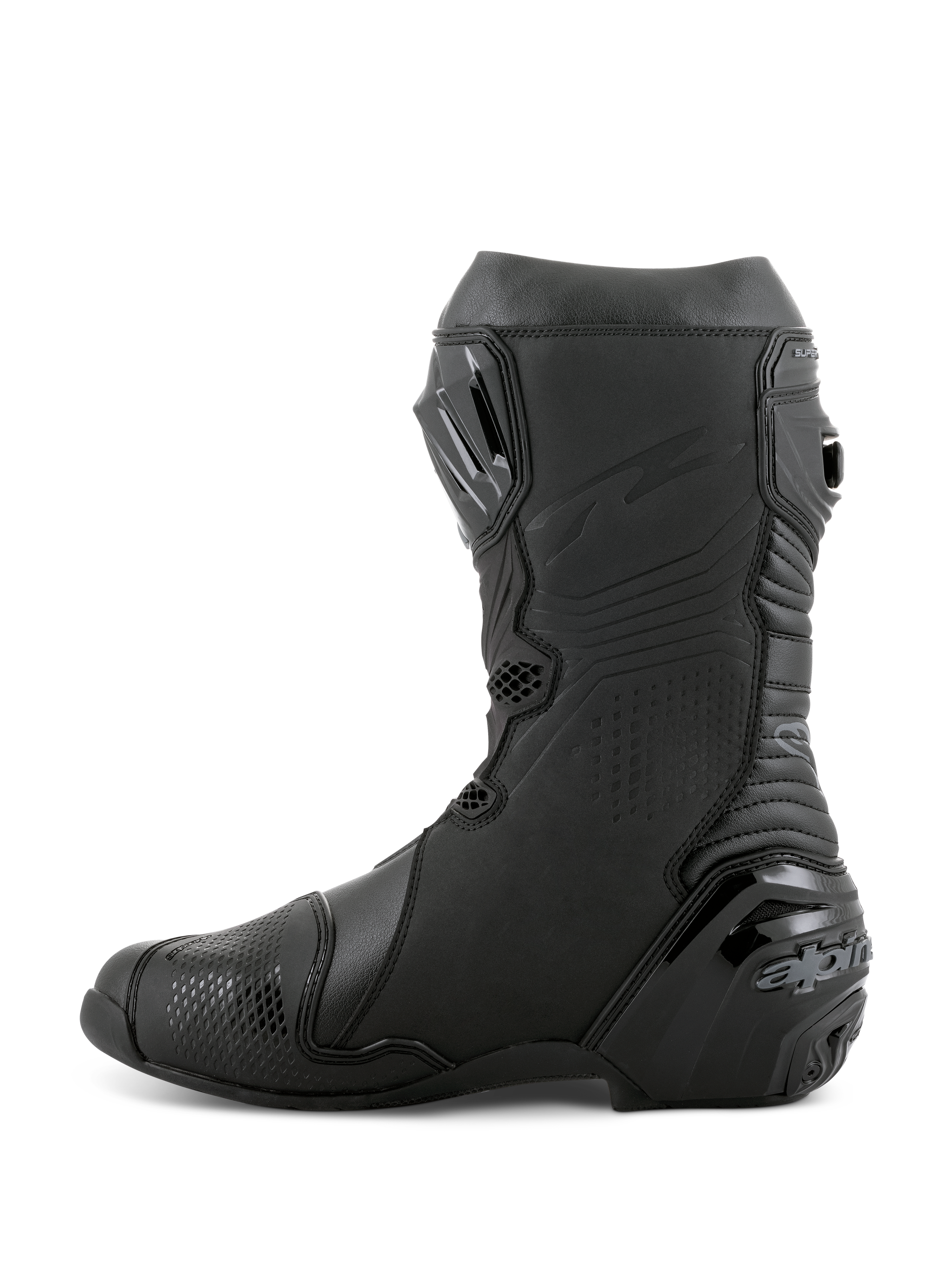 Botas Alpinestars Supertech R, botas de motociclismo de corrida, pretas, vista de perfil lateral com placa de canela em TPU, protetor de calcanhar reforçado e zonas flexíveis em acordeão para um movimento natural, calçado de performance profissional para pista e estrada