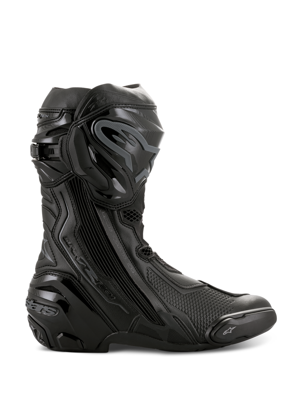 Alpinestars Supertech R Boots, botas de corrida de motociclismo de alta performance, totalmente pretas, vista de perfil lateral com protetor de canela em TPU, slider de dedos substituível e calcanhar reforçado, design profissional pronto para pista