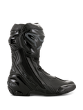 Alpinestars Supertech R Boots, botas de corrida de motociclismo de alta performance, totalmente pretas, vista de perfil lateral com protetor de canela em TPU, slider de dedos substituível e calcanhar reforçado, design profissional pronto para pista
