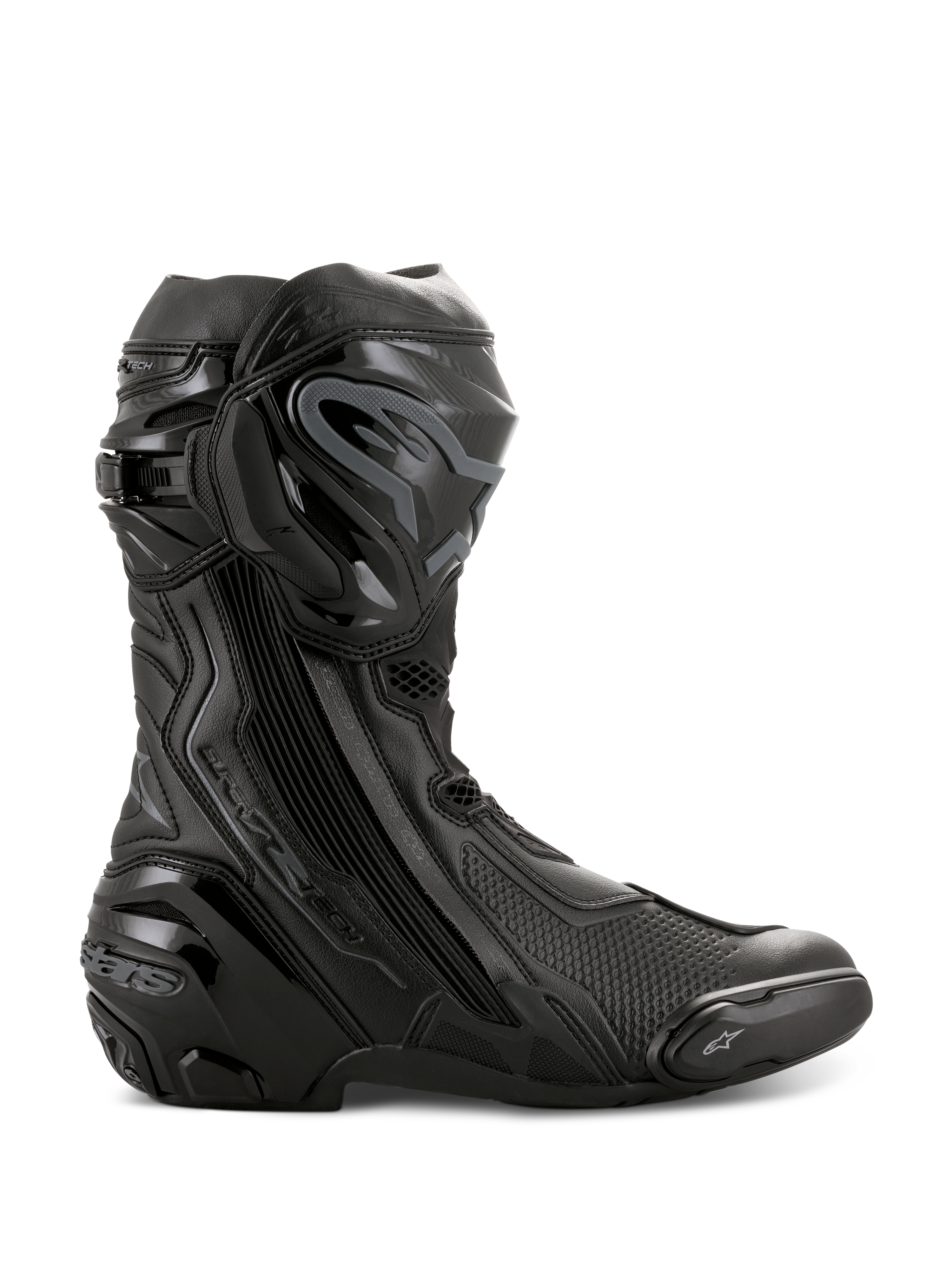 Alpinestars Supertech R Boots, botas de corrida de motociclismo de alta performance, totalmente pretas, vista de perfil lateral com protetor de canela em TPU, slider de dedos substituível e calcanhar reforçado, design profissional pronto para pista