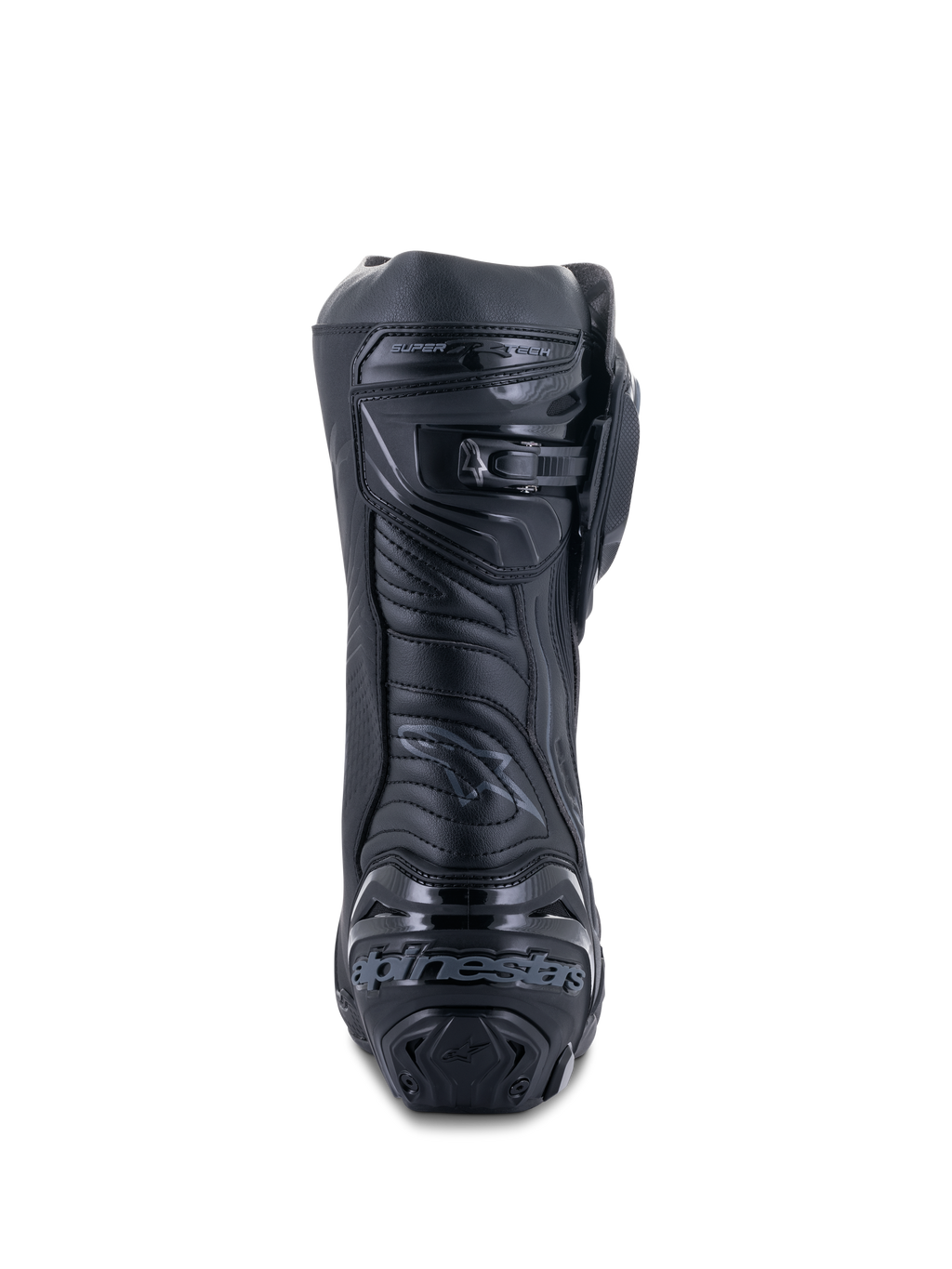 Botas Alpinestars Supertech R, Pretas, vista traseira mostrando a placa de calcanhar reforçada com logótipo, fecho de catraca microajustável na barriga da perna e zona flexível do Aquiles, calçado profissional de motociclismo de corrida
