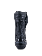 Botas Alpinestars Supertech R, Pretas, vista traseira mostrando a placa de calcanhar reforçada com logótipo, fecho de catraca microajustável na barriga da perna e zona flexível do Aquiles, calçado profissional de motociclismo de corrida