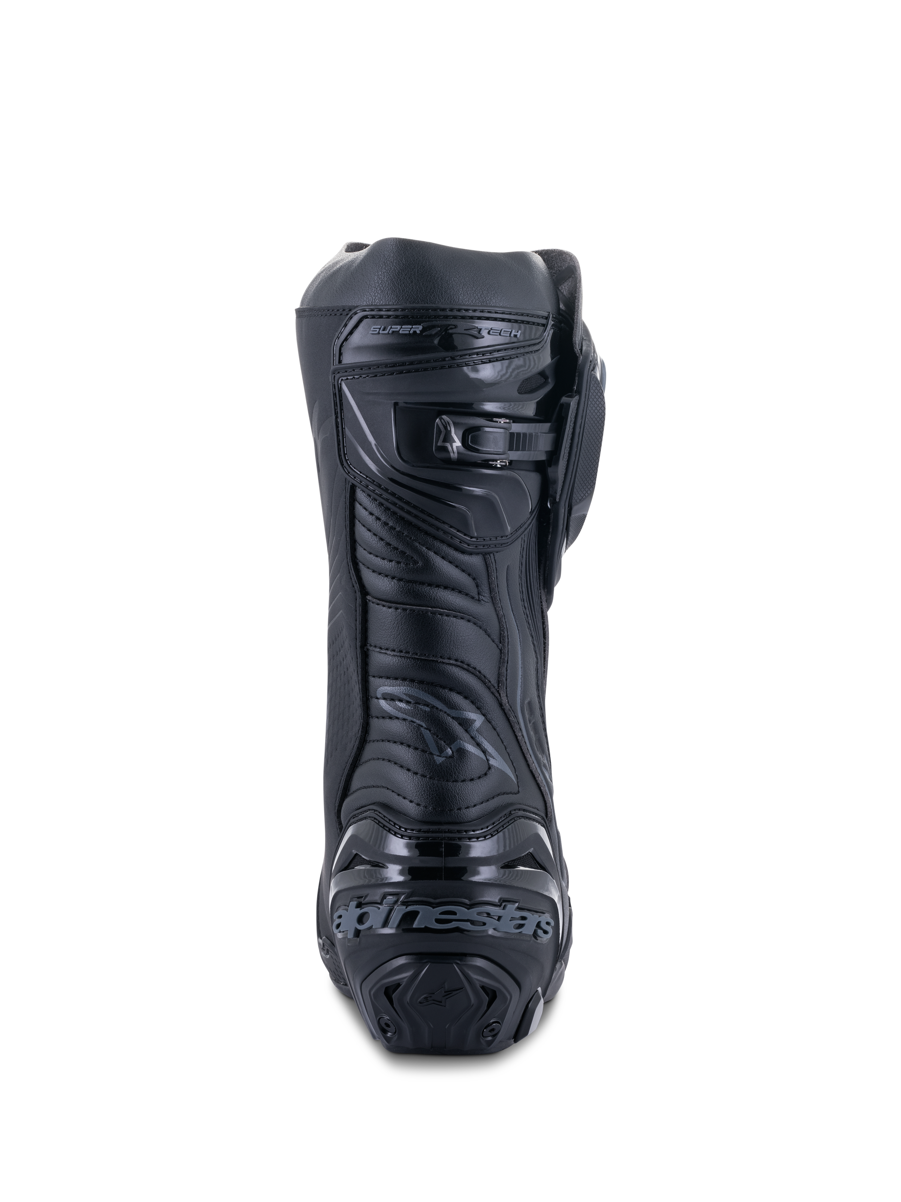 Botas Alpinestars Supertech R, Pretas, vista traseira mostrando a placa de calcanhar reforçada com logótipo, fecho de catraca microajustável na barriga da perna e zona flexível do Aquiles, calçado profissional de motociclismo de corrida