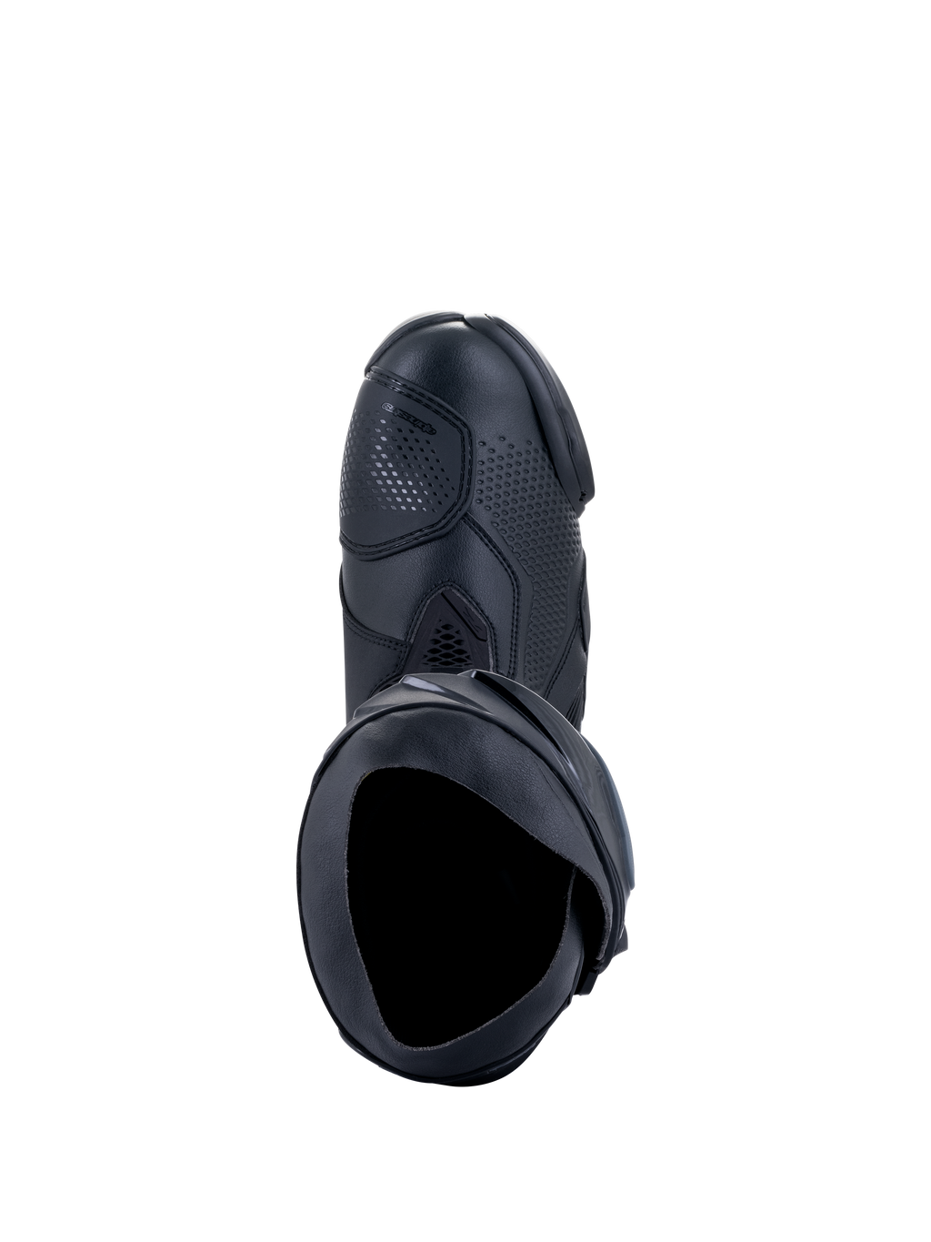 Botas Alpinestars Supertech R, botas de corrida de motociclismo, pretas, vista superior mostrando a abertura interior, proteção de mudanças e parte superior sintética texturizada, design de calçado de corrida profissional