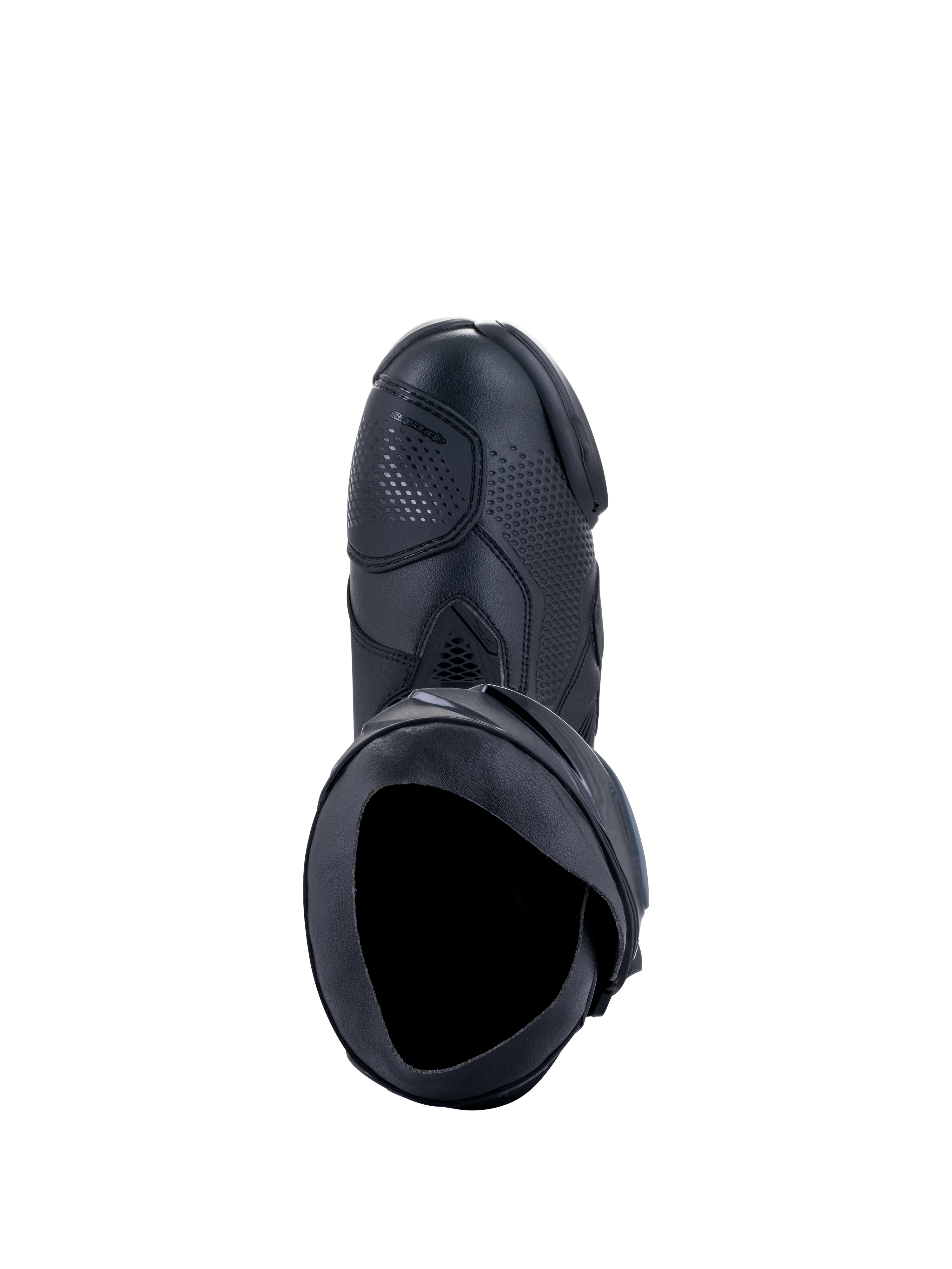 Botas Alpinestars Supertech R, botas de corrida de motociclismo, pretas, vista superior mostrando a abertura interior, proteção de mudanças e parte superior sintética texturizada, design de calçado de corrida profissional
