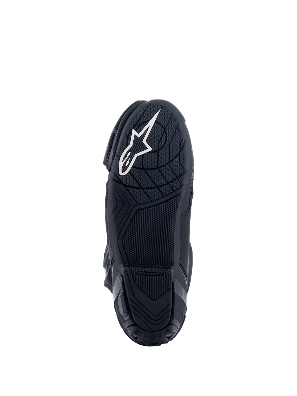 Botas Alpinestars Supertech R, botas de motociclismo de corrida, pretas, vista inferior da sola de composto de borracha com padrões de aderência texturizados, apresentando um logótipo da estrela Alpinestars em branco no calcanhar