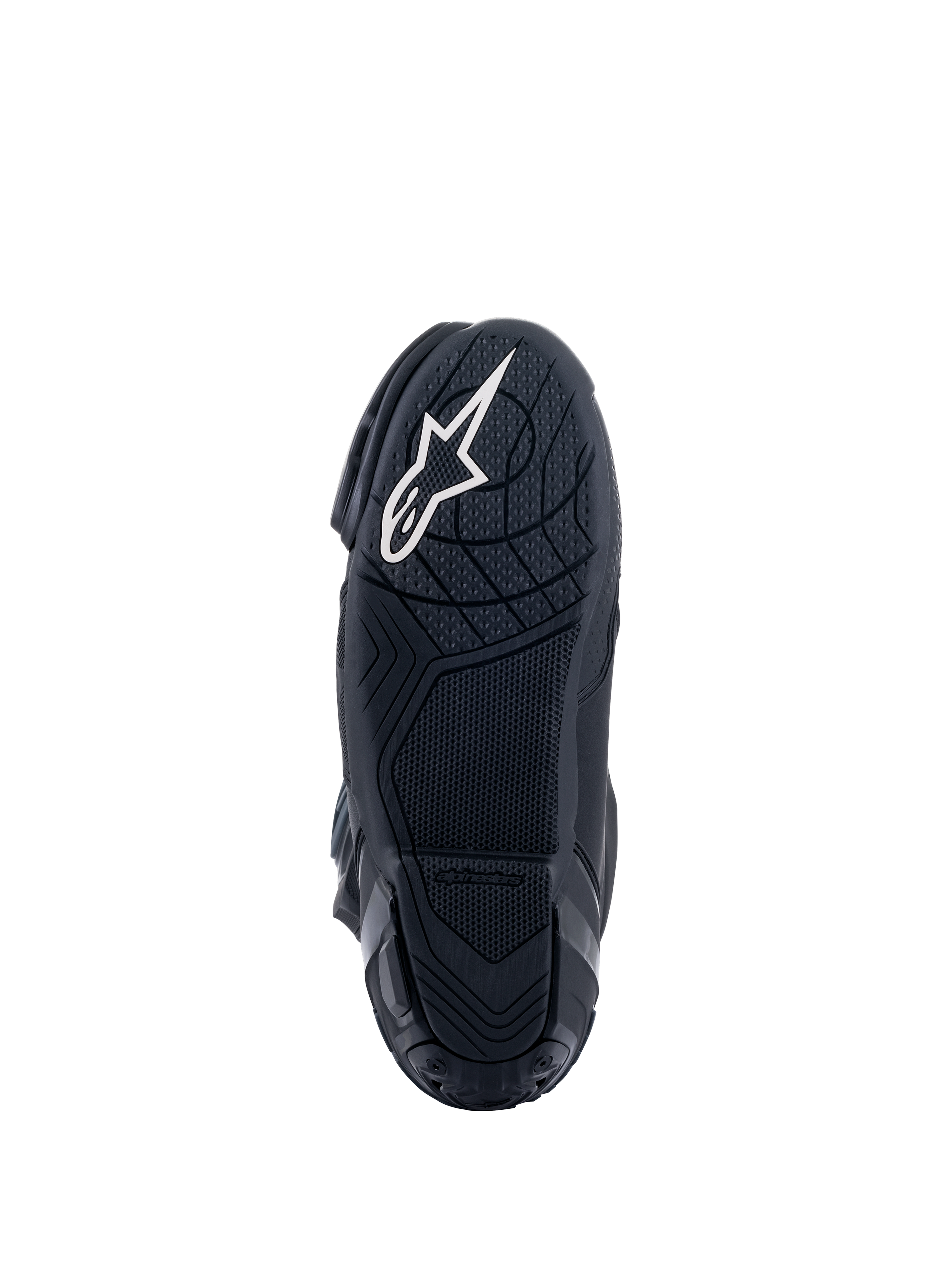 Botas Alpinestars Supertech R, botas de motociclismo de corrida, pretas, vista inferior da sola de composto de borracha com padrões de aderência texturizados, apresentando um logótipo da estrela Alpinestars em branco no calcanhar