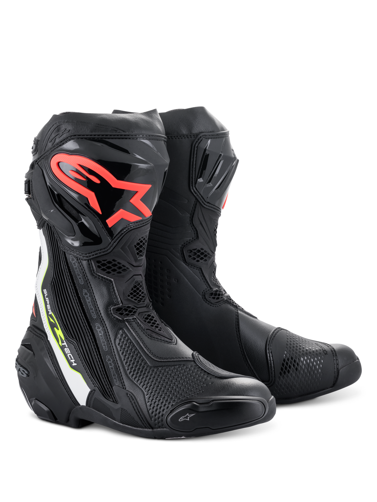 Botas Alpinestars Supertech R, botas de motociclismo de alta performance para competição, pretas com logótipo Alpinestars vermelho na canela, detalhes em branco e amarelo fluorescente, com construção em microfibra técnica e placas de proteção de canela em TPU.
