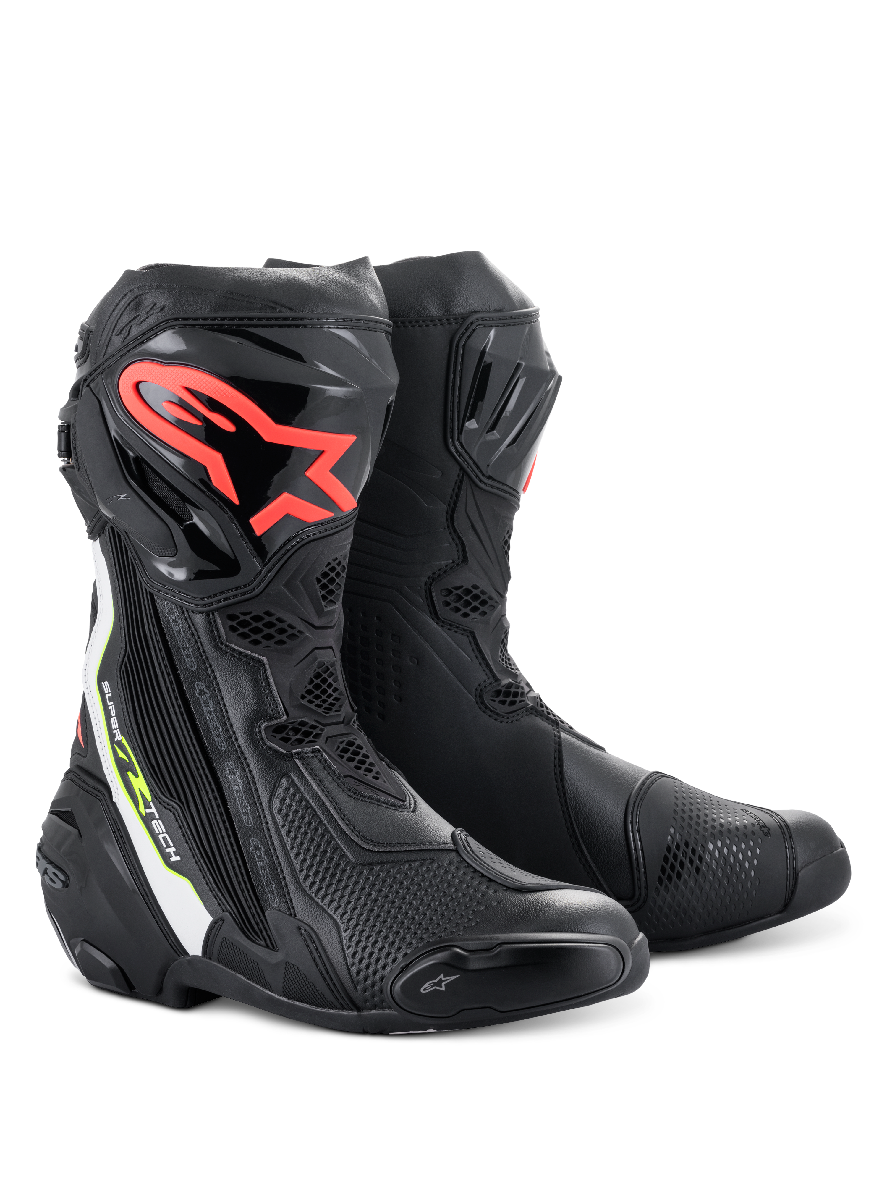 Botas Alpinestars Supertech R, botas de motociclismo de alta performance para competição, pretas com logótipo Alpinestars vermelho na canela, detalhes em branco e amarelo fluorescente, com construção em microfibra técnica e placas de proteção de canela em TPU.