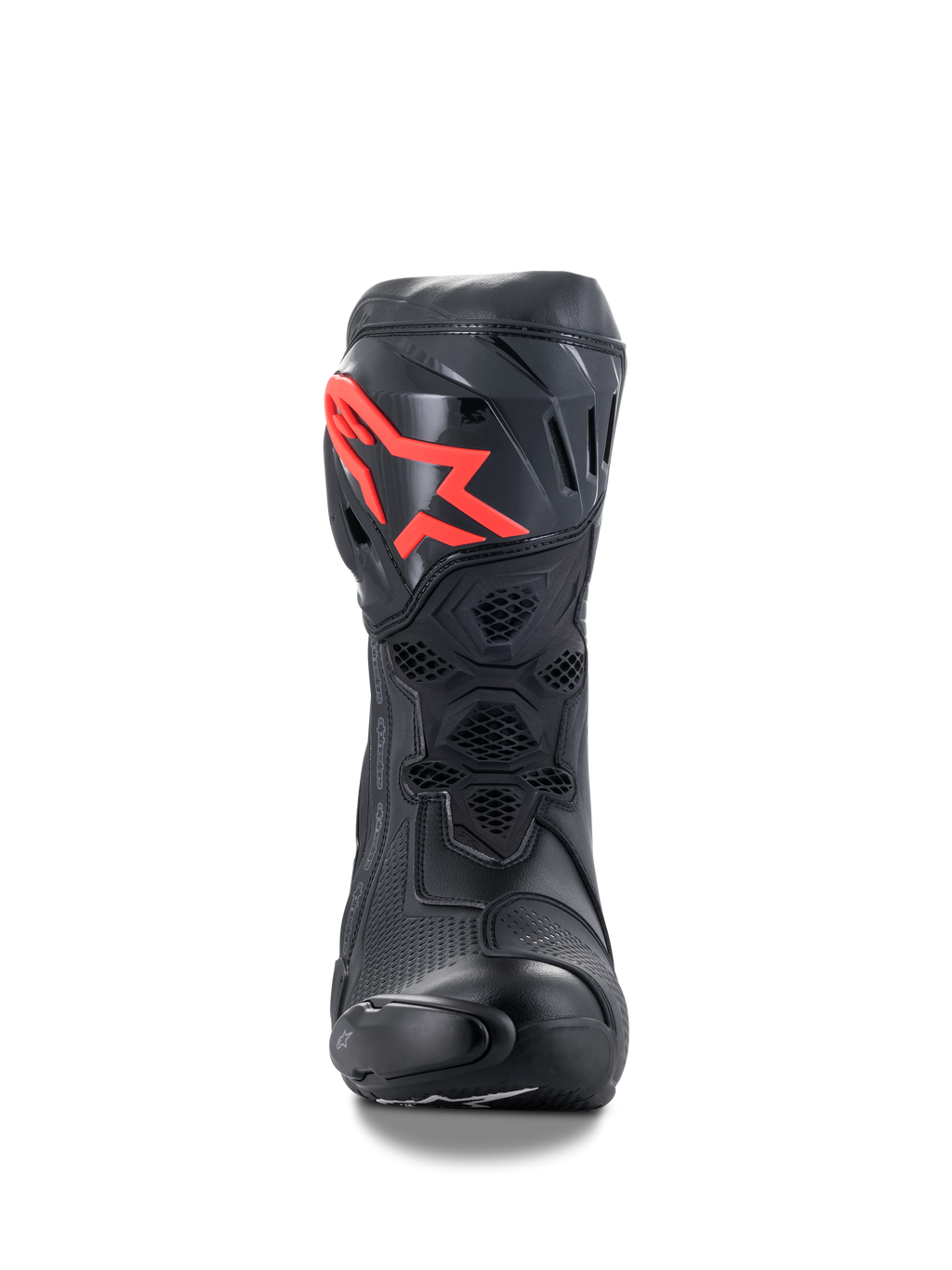 Botas Alpinestars Supertech R, botas de motociclismo de alta performance para competição, pretas com logótipo vermelho, vista frontal com placa de canela protetora em TPU, ventilação em malha de favo de mel e design aerodinâmico de corrida