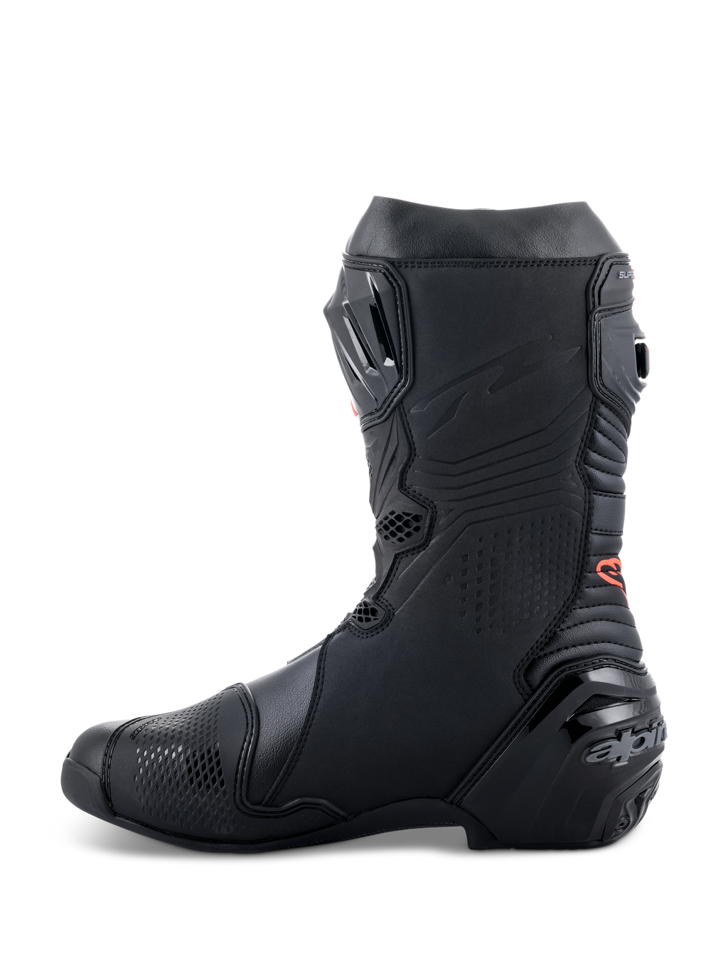 Botas Alpinestars Supertech R, botas de motociclismo de alta performance para competição, design elegante totalmente em preto com detalhe do logótipo a vermelho, perfil lateral com calcanhar reforçado e painéis de proteção em TPU