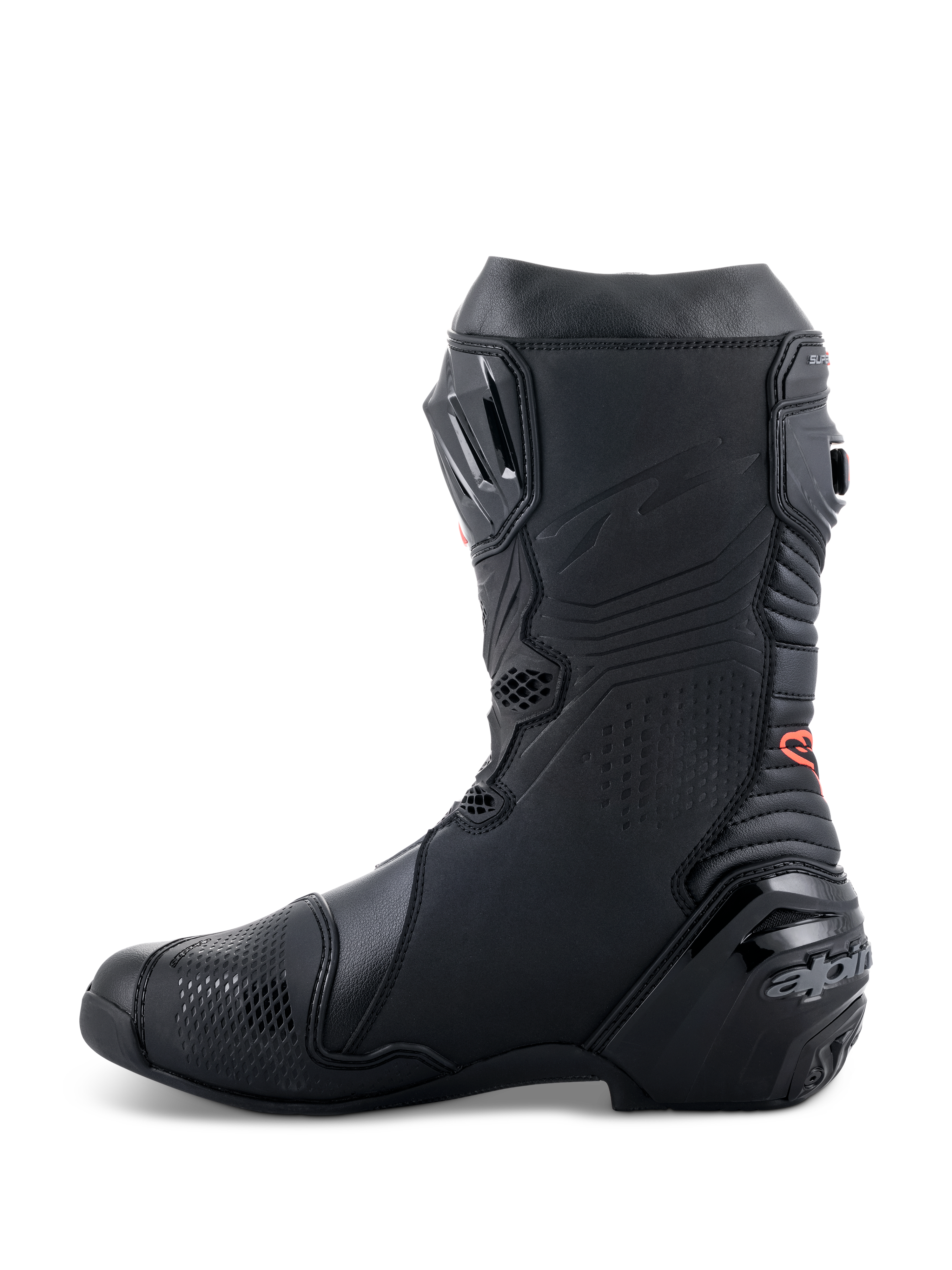 Botas Alpinestars Supertech R, botas de motociclismo de alta performance para competição, design elegante totalmente em preto com detalhe do logótipo a vermelho, perfil lateral com calcanhar reforçado e painéis de proteção em TPU