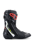 Alpinestars Supertech R Boots, botas de motociclismo de alta performance em preto com detalhes em branco, vermelho fluo e amarelo fluo, com placa de canela protetora em TPU com logótipo vermelho, slider de dedo substituível e perfil aerodinâmico elegante