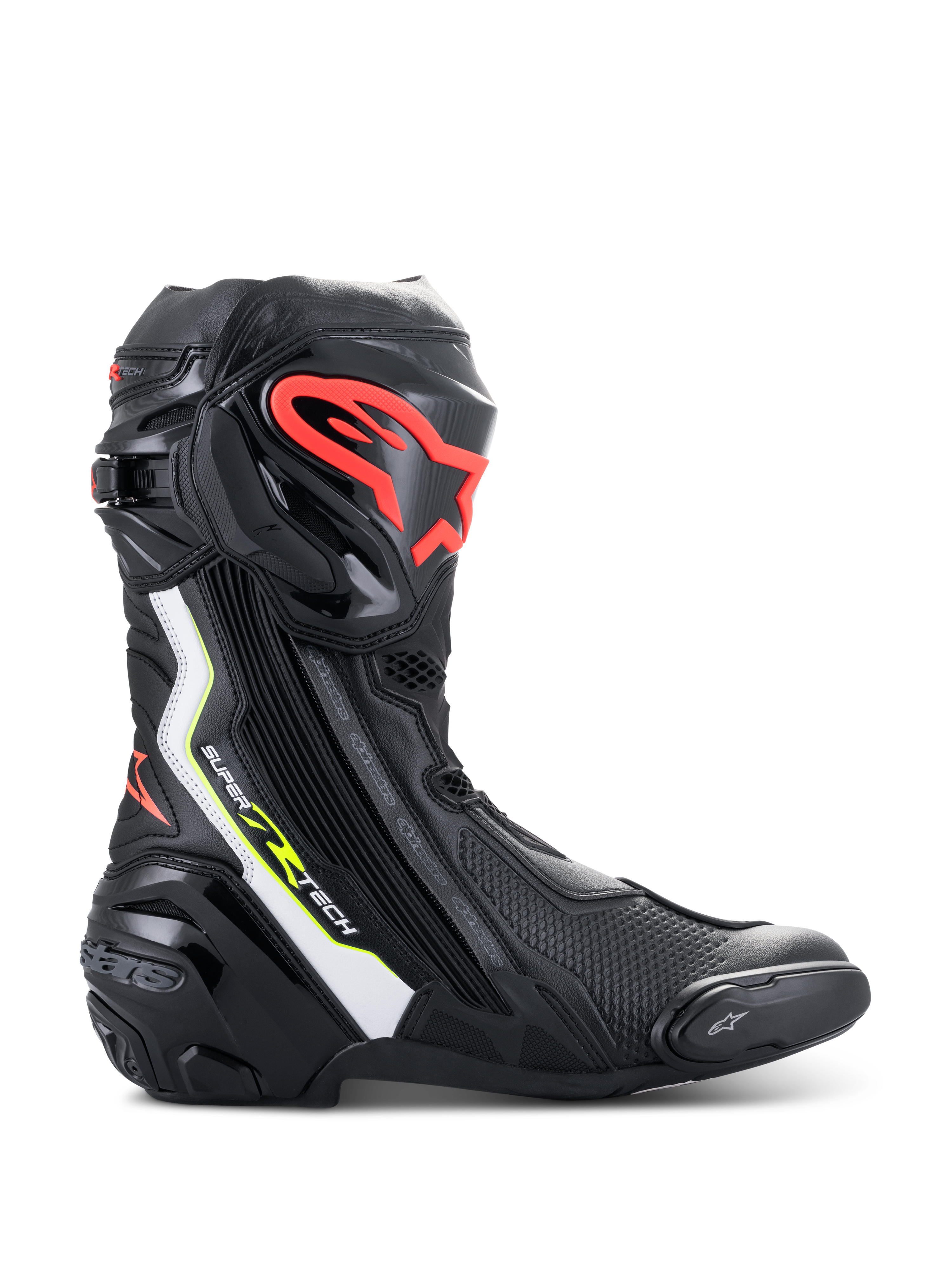 Alpinestars Supertech R Boots, botas de motociclismo de alta performance em preto com detalhes em branco, vermelho fluo e amarelo fluo, com placa de canela protetora em TPU com logótipo vermelho, slider de dedo substituível e perfil aerodinâmico elegante