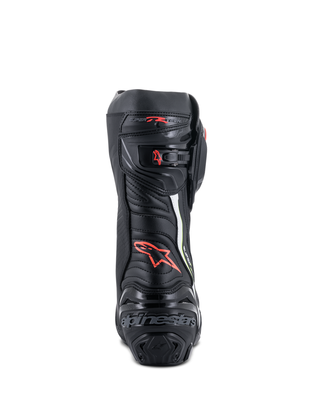 Botas Alpinestars Supertech R, botas de motociclismo de corrida de alta performance, vista traseira em preto com detalhes em vermelho e amarelo fluorescente, com proteção de calcanhar em TPU, fecho de catraca micro-ajustável e logótipo da marca