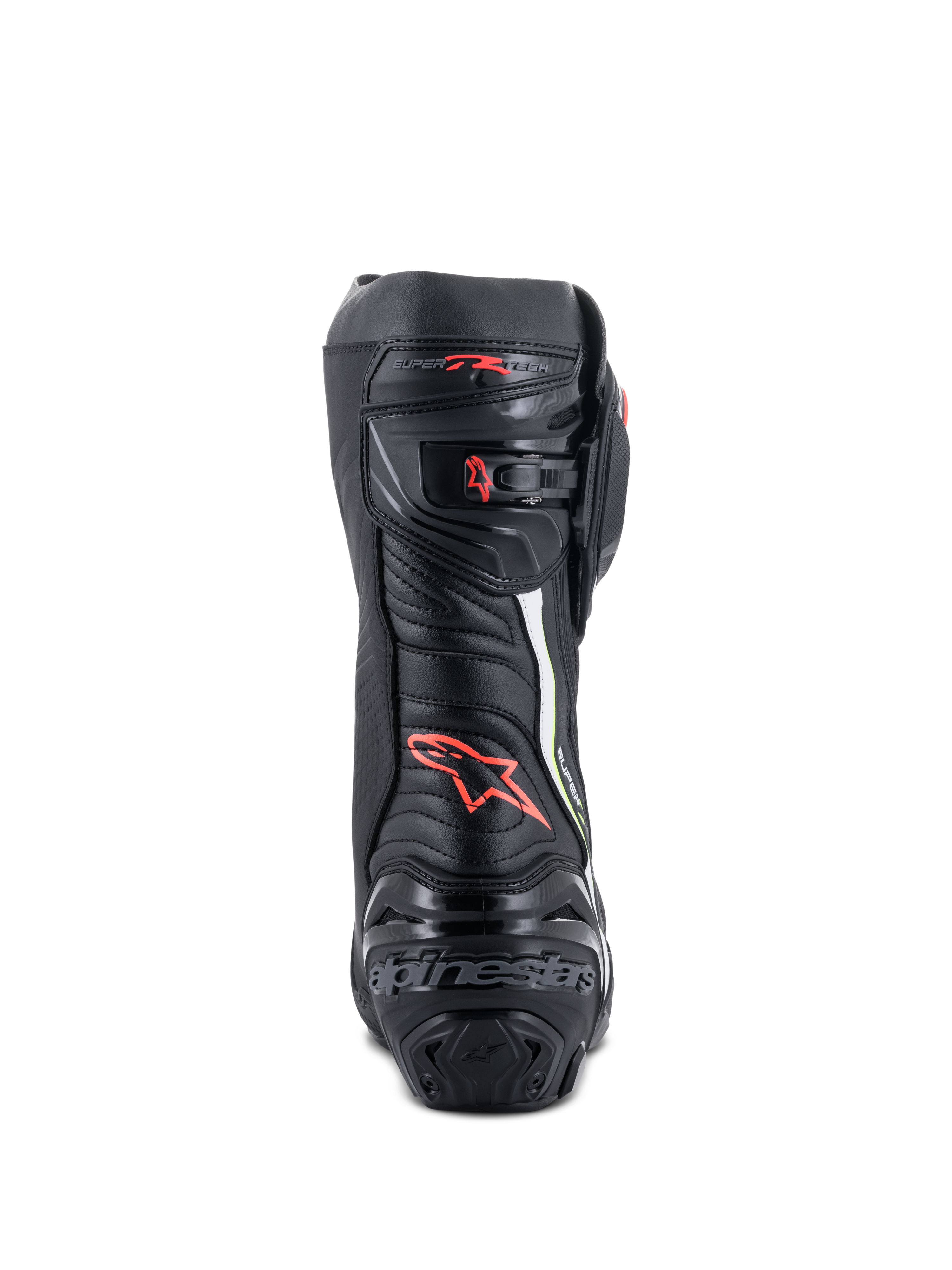 Botas Alpinestars Supertech R, botas de motociclismo de corrida de alta performance, vista traseira em preto com detalhes em vermelho e amarelo fluorescente, com proteção de calcanhar em TPU, fecho de catraca micro-ajustável e logótipo da marca
