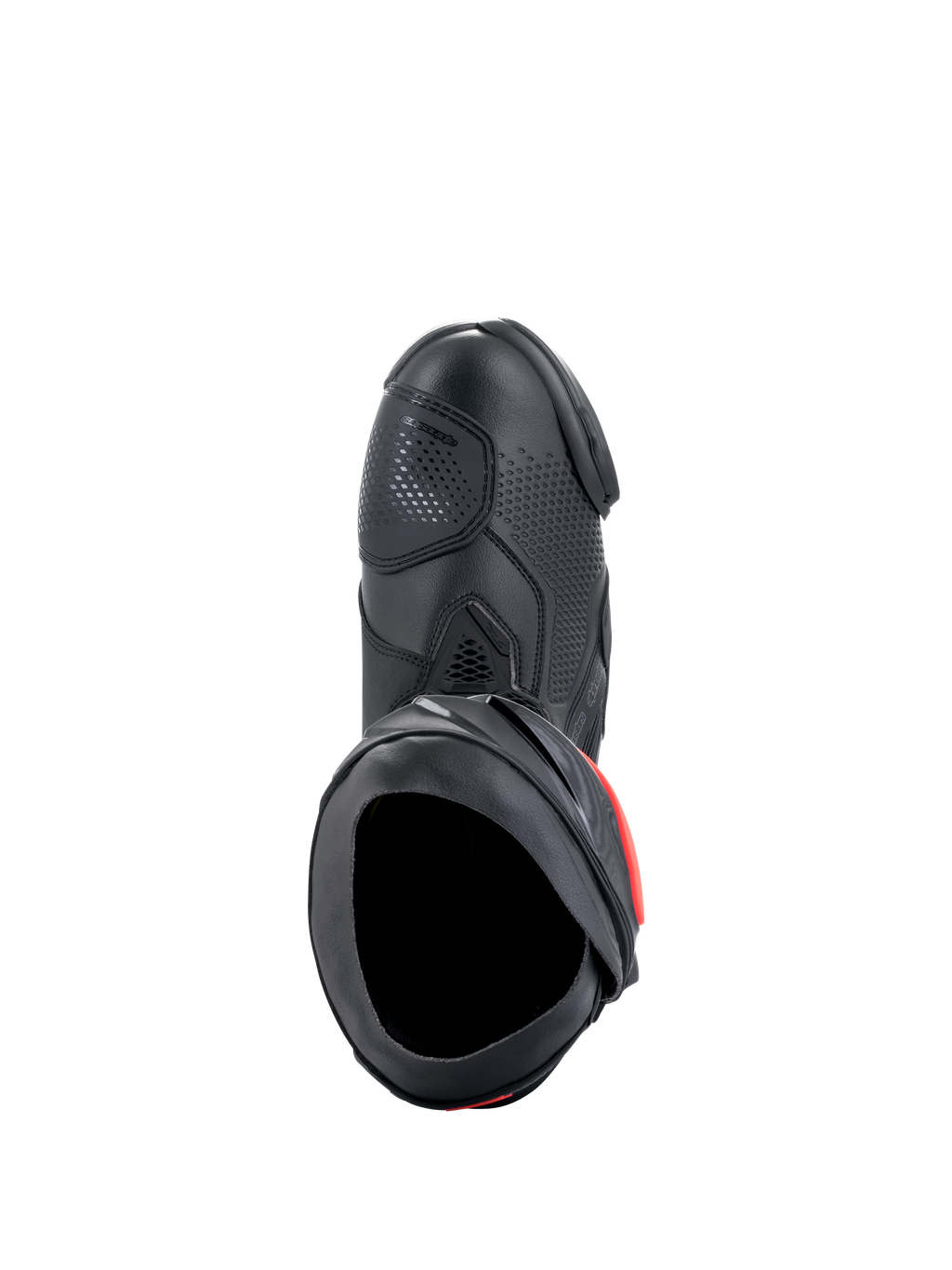 Botas Alpinestars Supertech R, botas de performance para motociclismo de competição, pretas com detalhes vermelhos, vista superior destacando a parte superior em microfibra, textura perfurada, zona do seletor em TPU e abertura de entrada segura.