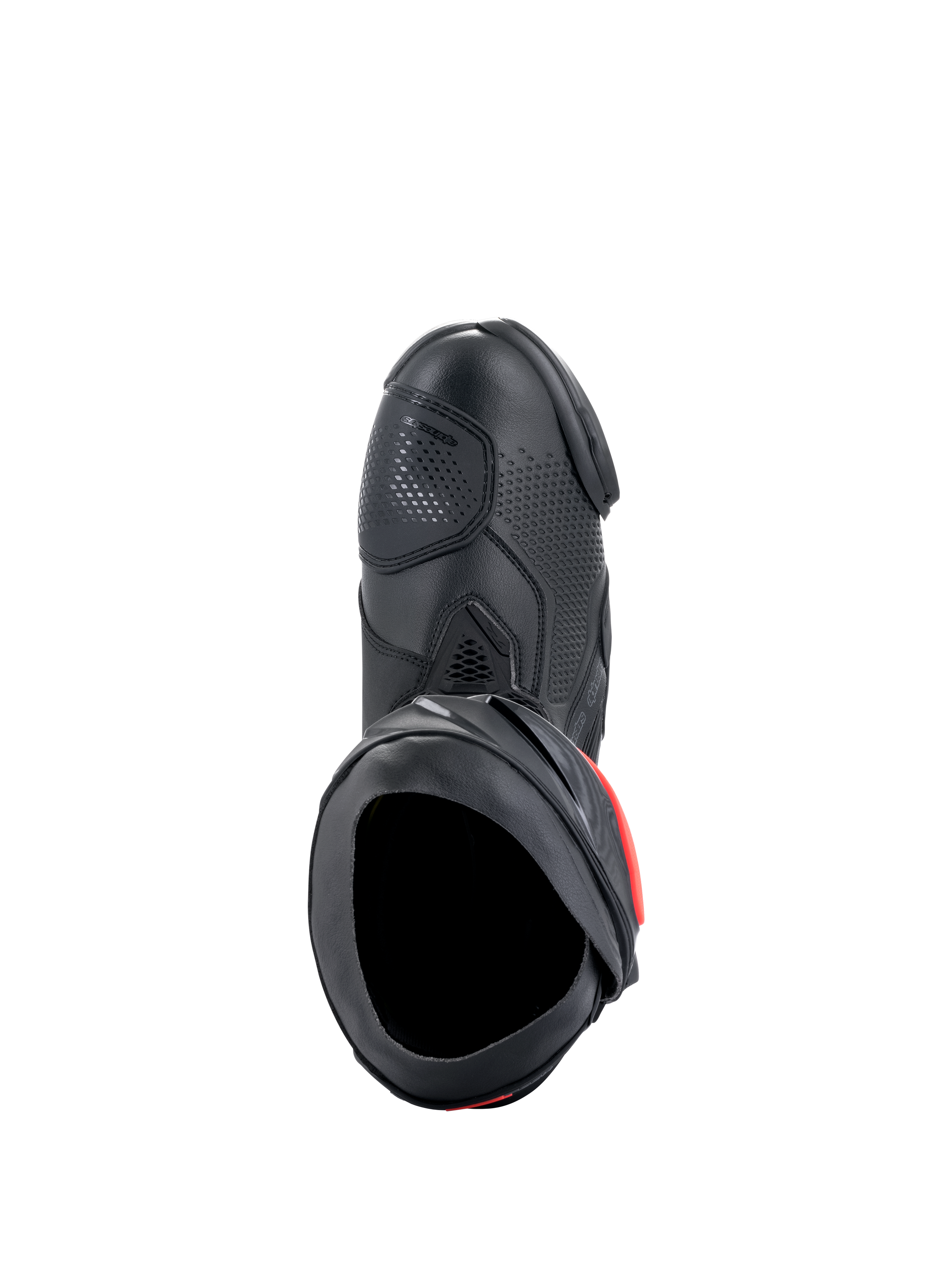 Botas Alpinestars Supertech R, botas de performance para motociclismo de competição, pretas com detalhes vermelhos, vista superior destacando a parte superior em microfibra, textura perfurada, zona do seletor em TPU e abertura de entrada segura.
