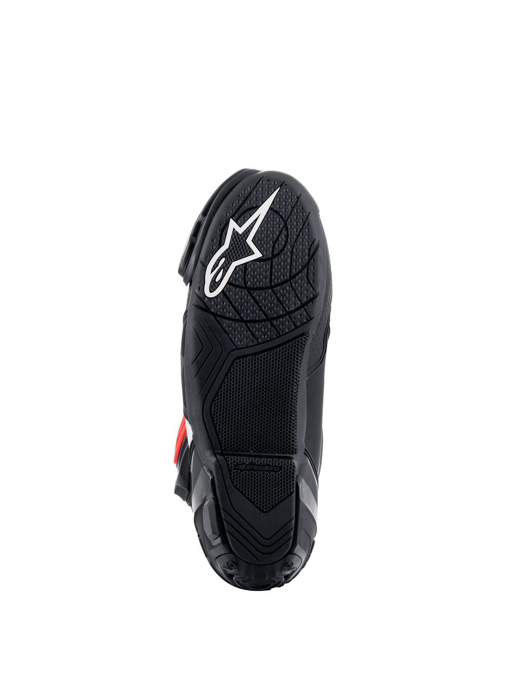 Botas Alpinestars Supertech R, vista da sola, composto de borracha leve preta com padrão de aderência texturizado, logótipo de estrela Alpinestars branco, calçado de performance para motociclismo de competição