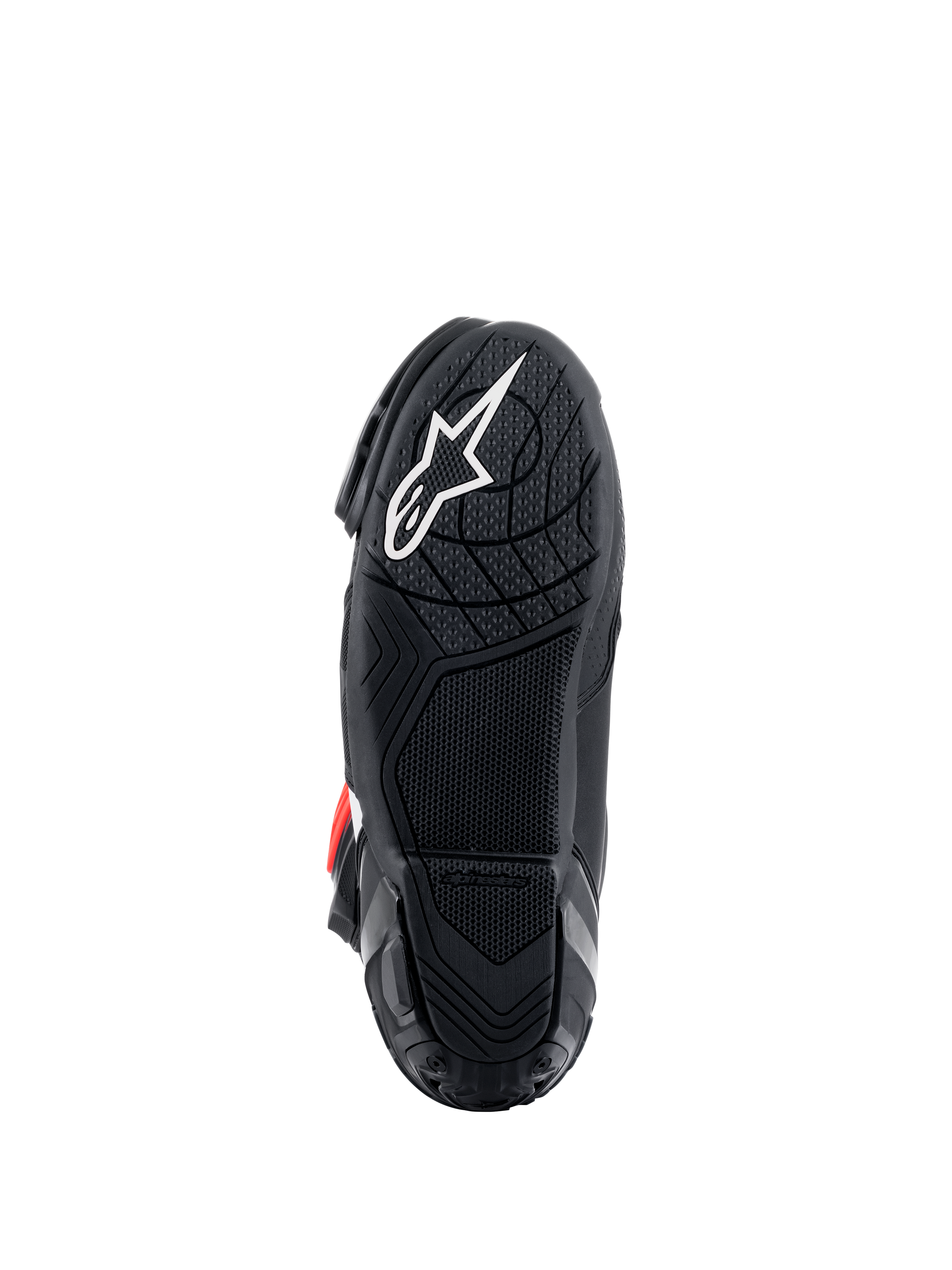 Botas Alpinestars Supertech R, vista da sola, composto de borracha leve preta com padrão de aderência texturizado, logótipo de estrela Alpinestars branco, calçado de performance para motociclismo de competição