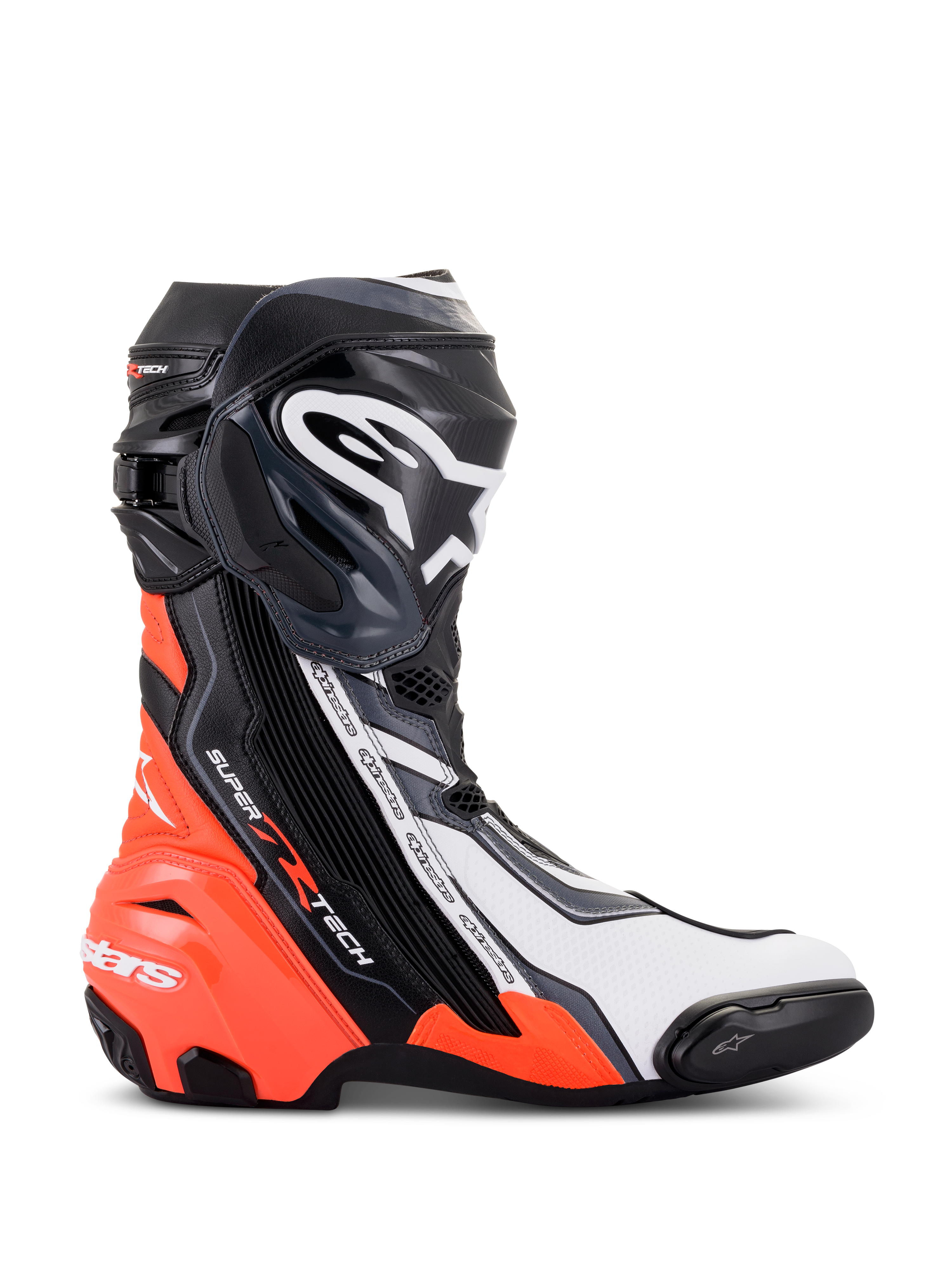 Botas Alpinestars Supertech R, calçado de motociclismo de corrida de alto desempenho, pretas, vermelho fluo, brancas e cinzentas, vista de perfil mostrando a placa de canela em TPU e o slider frontal, design aerodinâmico com logótipos destacados para uso em pista e estrada.