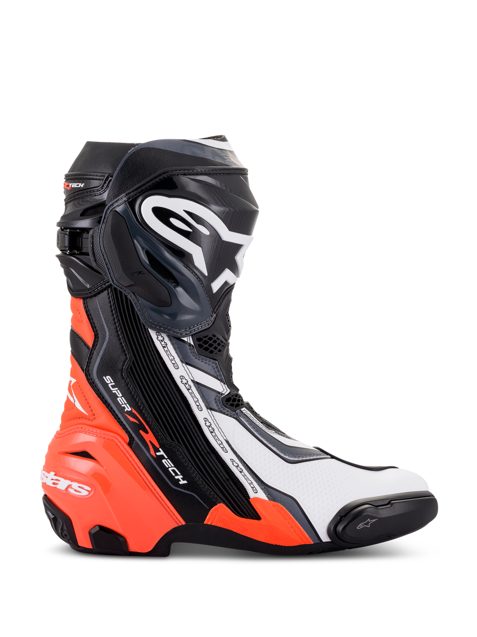 Botas Alpinestars Supertech R, calçado de motociclismo de corrida de alto desempenho, pretas, vermelho fluo, brancas e cinzentas, vista de perfil mostrando a placa de canela em TPU e o slider frontal, design aerodinâmico com logótipos destacados para uso em pista e estrada.
