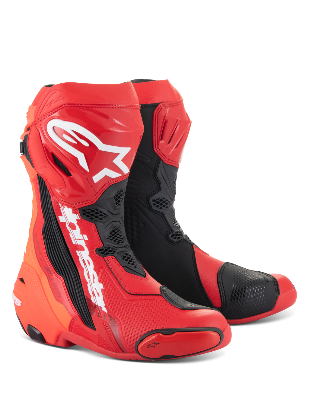 Alpinestars Supertech R Boots, Motorcycle Racing Boots, Bright Red and Red Fluo with black and white accents, featuring white Alpinestars logos on the shin, reinforced protective plates, and replaceable toe sliders, high-performance footwear for sport and racing.