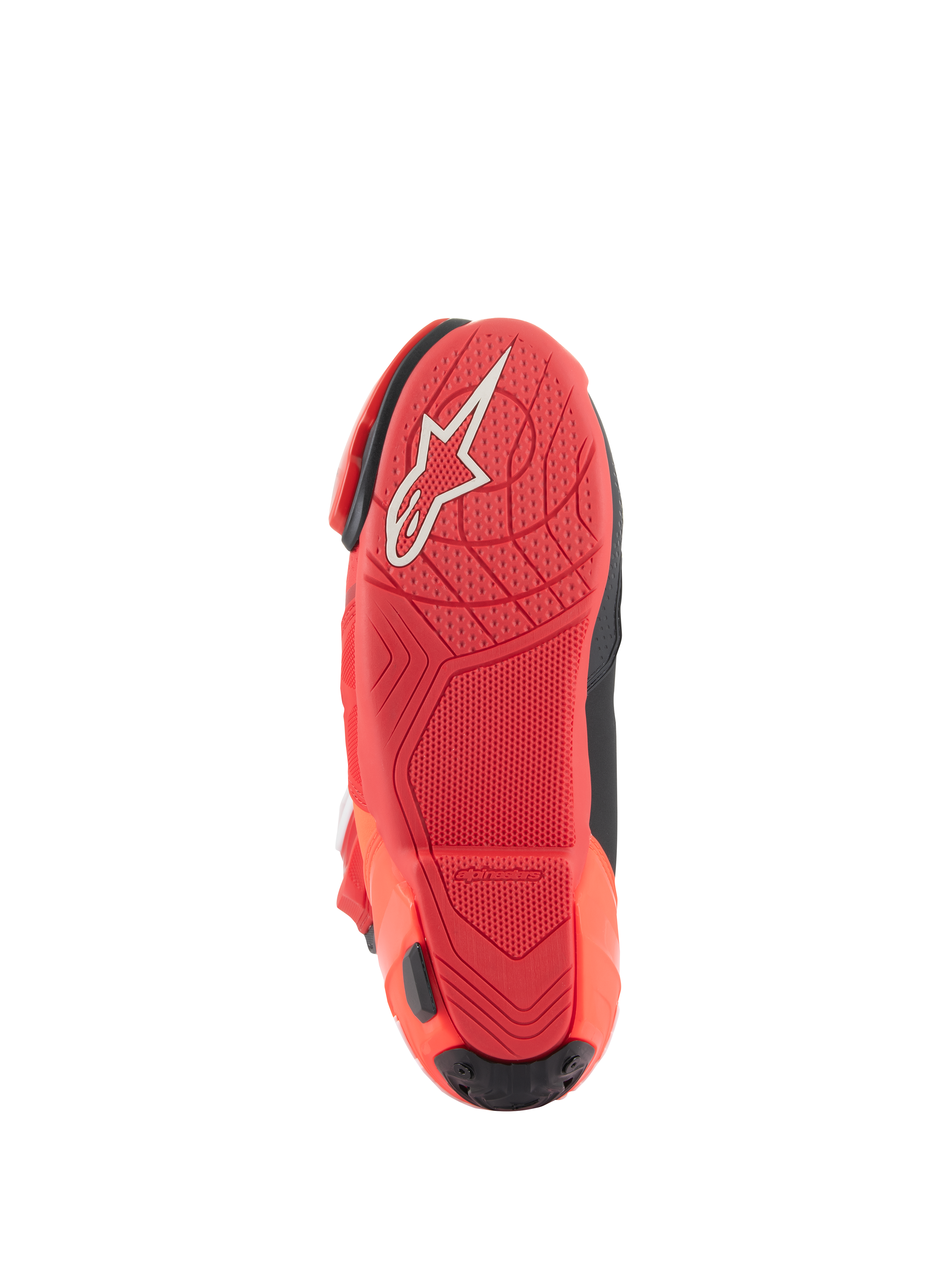 Alpinestars Supertech R Boots, Motorcycle Racing Boots, Bright Red Red Fluo, bottom sole view featuring textured grip pattern and white Alpinestars logo