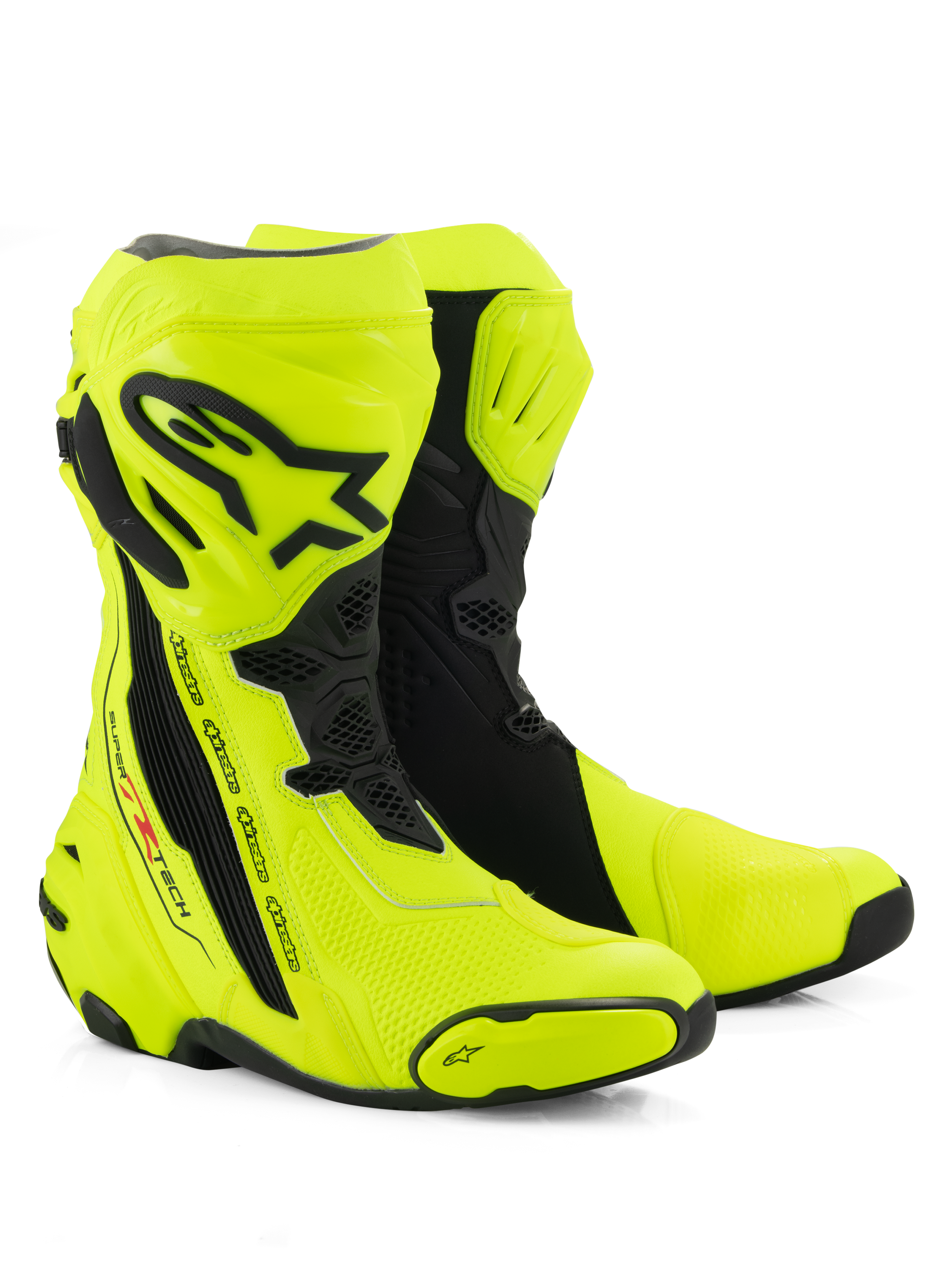 Alpinestars Supertech R Boots, Motorcycle Racing Boots, Yellow Fluo and Black, featuring a protective shin plate with Alpinestars logo, flexible accordion panels, and reinforced toe sliders on a white background