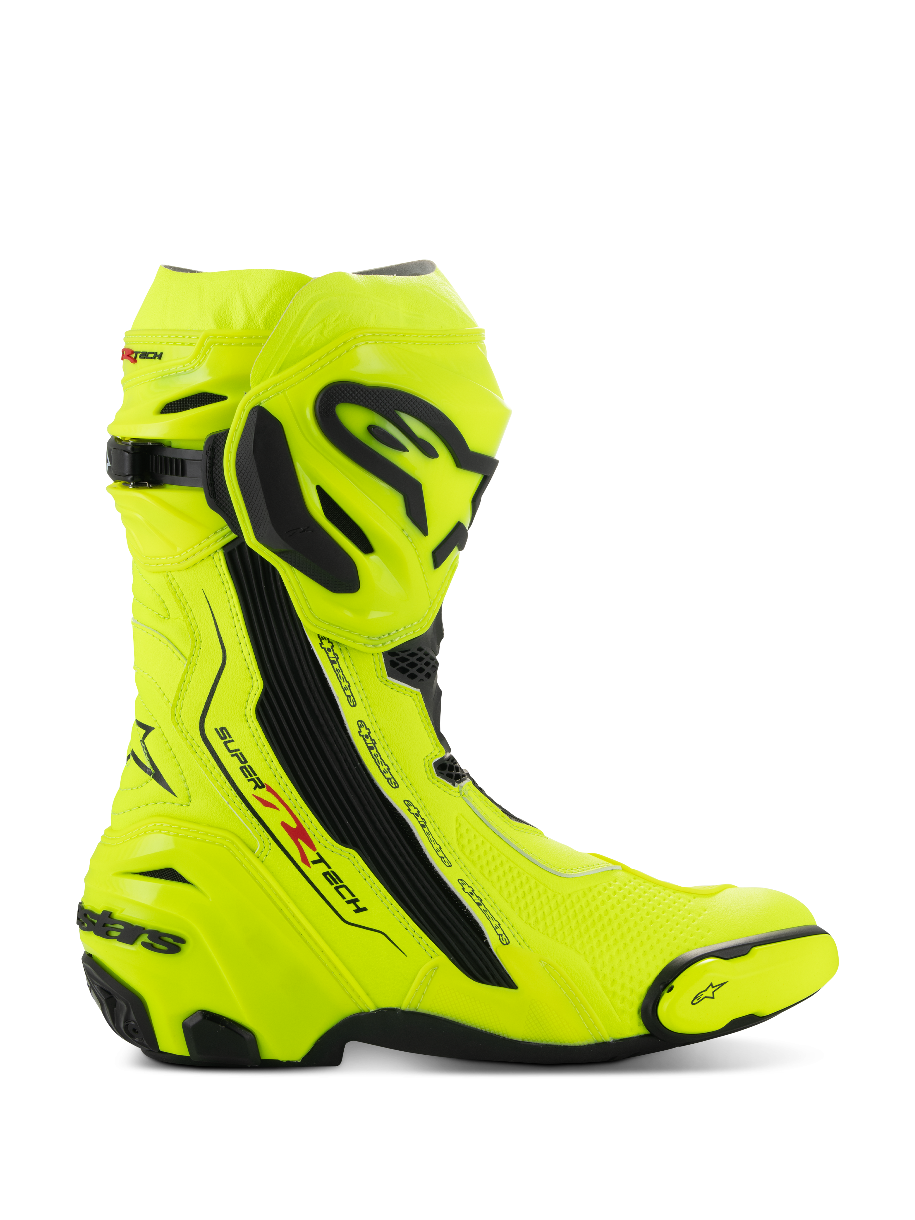 Alpinestars Supertech R Boots, Motorcycle Racing Boots, Yellow Fluo Black, side view featuring high-visibility fluorescent yellow with black protective plates, Alpinestars branding on shin and heel, sleek aerodynamic profile for high-performance riding