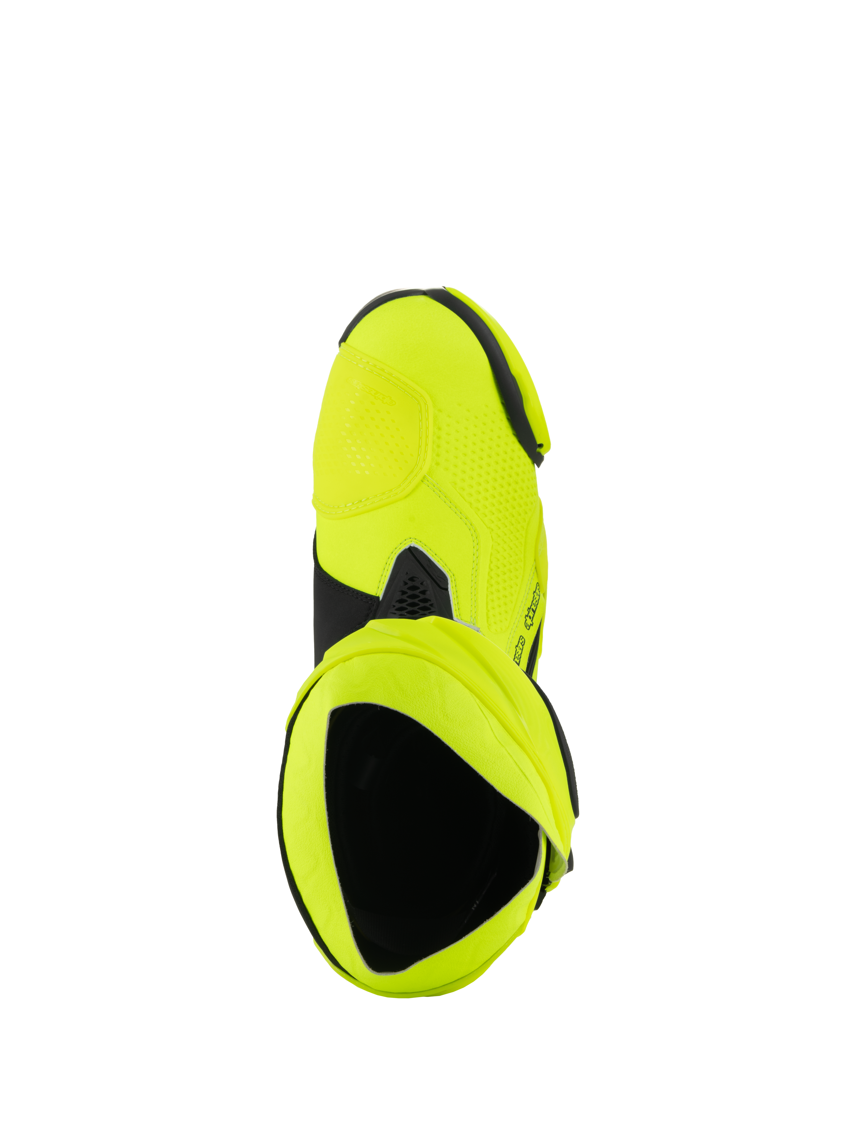 Alpinestars Supertech R Boots, Motorcycle Racing Boots, Yellow Fluo Black, top-down view looking into the boot interior, bright neon yellow finish with black accents and gaiter detail