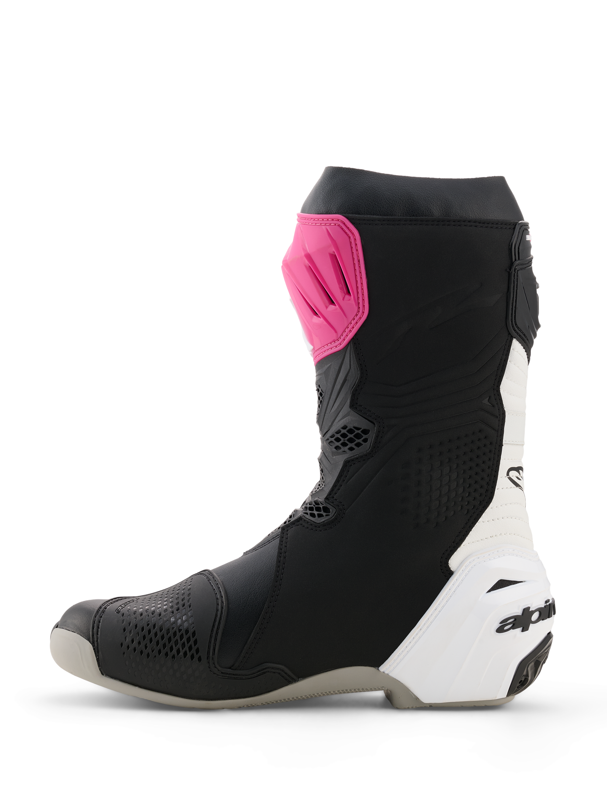 Alpinestars Supertech R Boots, Racing Motorcycle Boots, Black Magenta and White, featuring a vibrant pink TPU shin plate, white heel counter, perforated microfiber construction, sleek professional track performance design