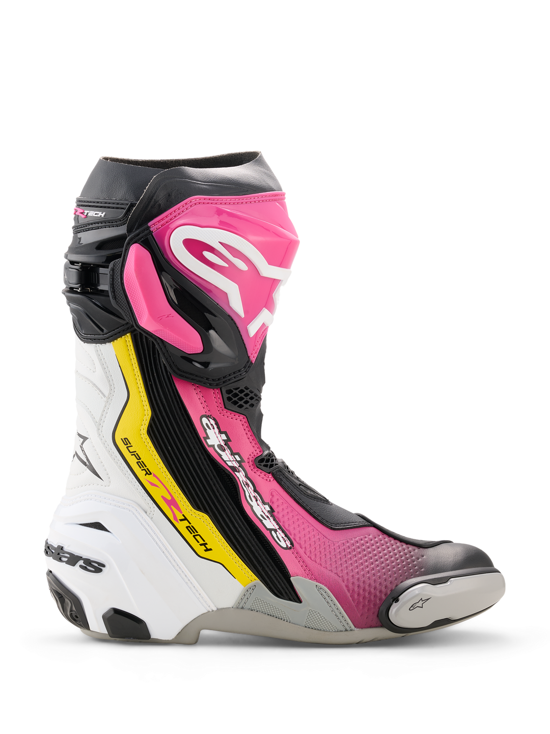 Alpinestars Supertech R, botas de moto para corrida, rosa, brancas, amarelas e pretas, construção em material sintético com proteção reforçada, slider no bico, design desportivo e futurista, certificadas CE