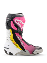 Alpinestars Supertech R, botas de moto para corrida, rosa, brancas, amarelas e pretas, construção em material sintético com proteção reforçada, slider no bico, design desportivo e futurista, certificadas CE