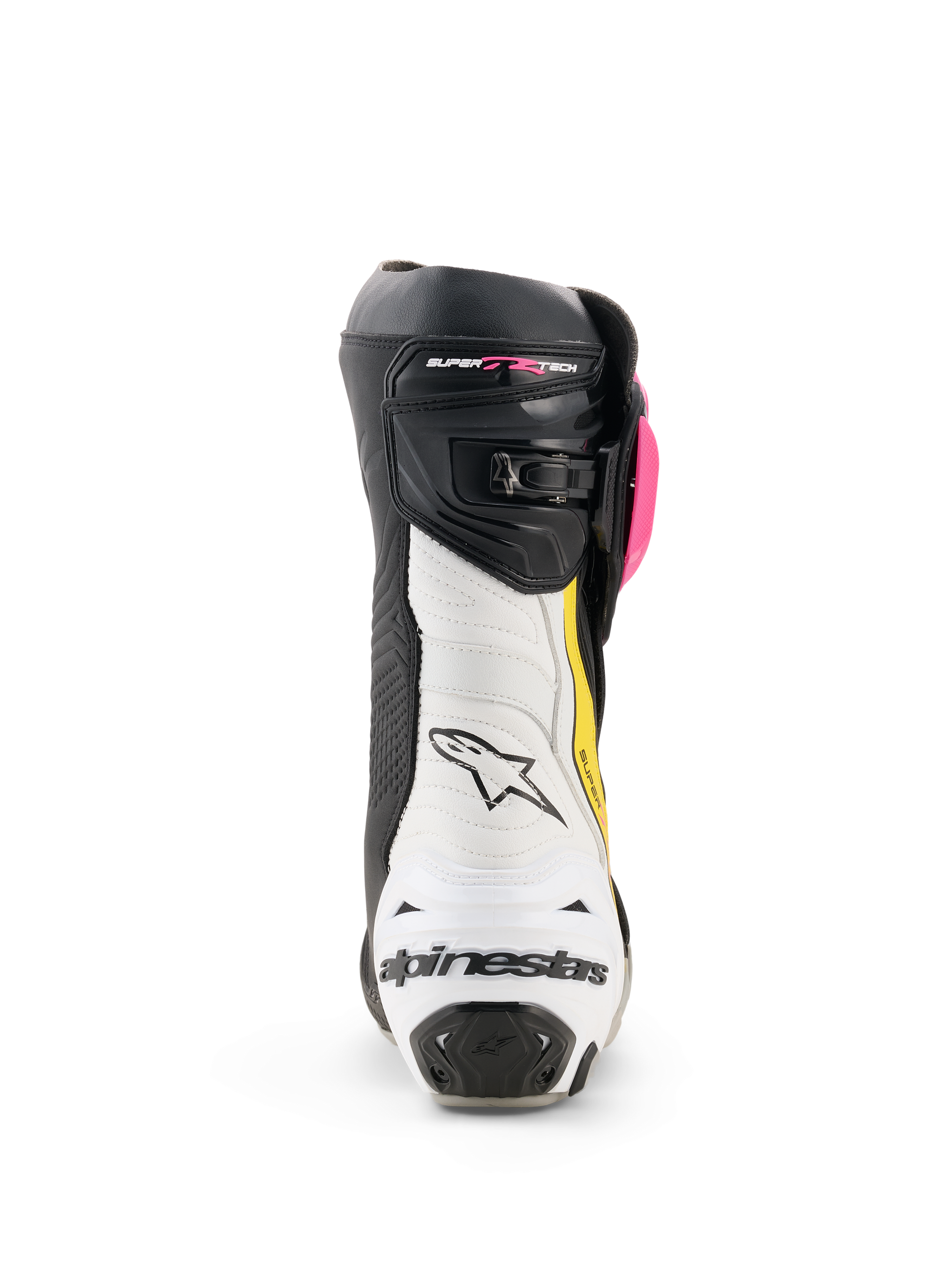 Alpinestars Supertech R Boots, Racing Motorcycle Boots, Black Magenta White and Yellow Fluo, rear view showing white heel counter with black branding, white accordion flex zone, and black upper with pink and yellow accents