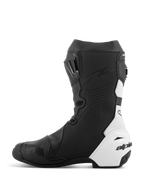 Alpinestars Supertech R Vented Boots, Racing Motorcycle Boots, Black and White, medial side view, extensive perforations for airflow, white synthetic microfiber panels, TPU reinforcements, and sleek aerodynamic profile for track racing.