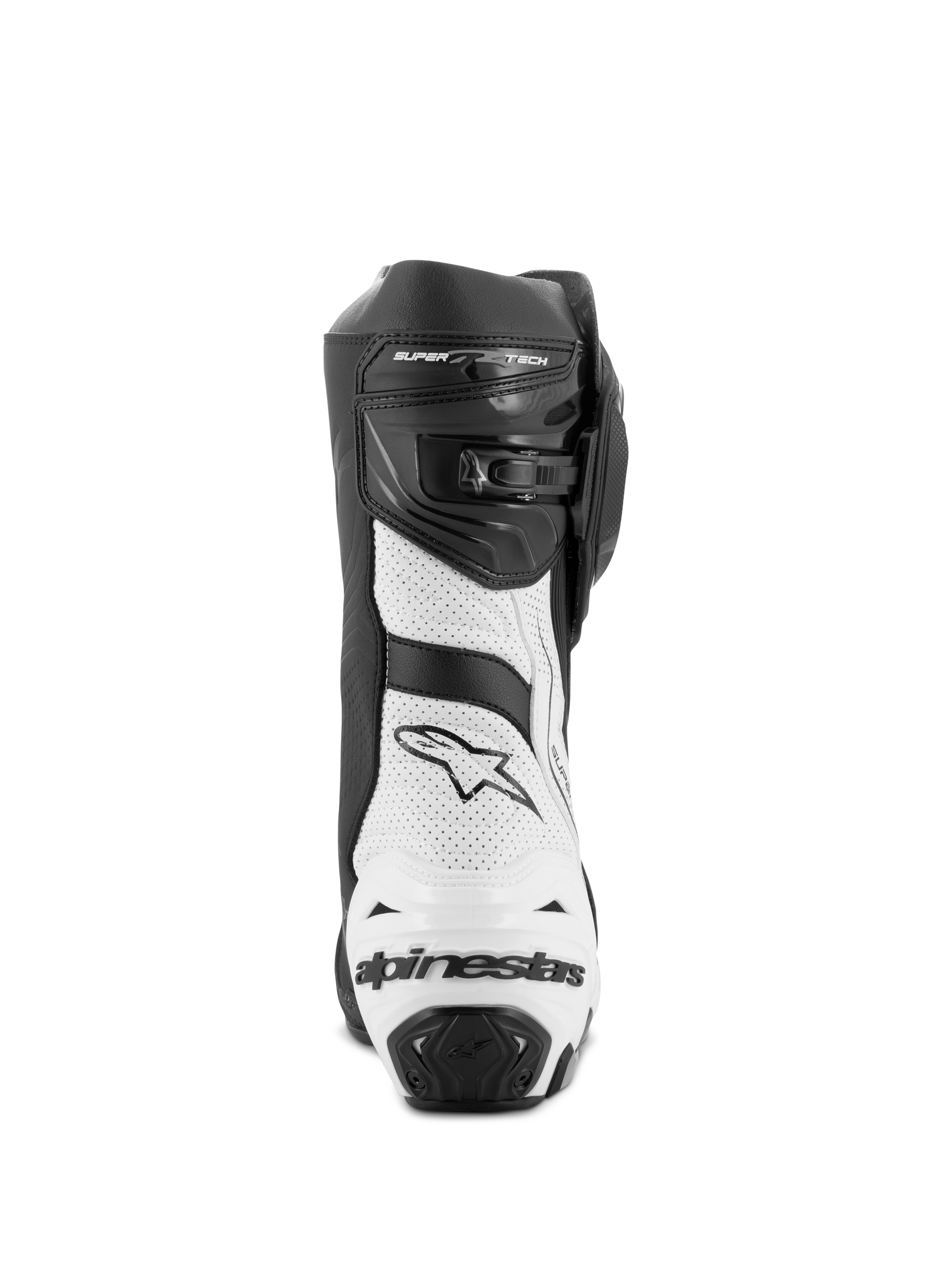 Alpinestars Supertech R Vented Boots, Motorcycle Racing Boots, Black and White, rear view showing white perforated microfiber panels, black TPU heel protector with Alpinestars logo, and adjustable closure system
