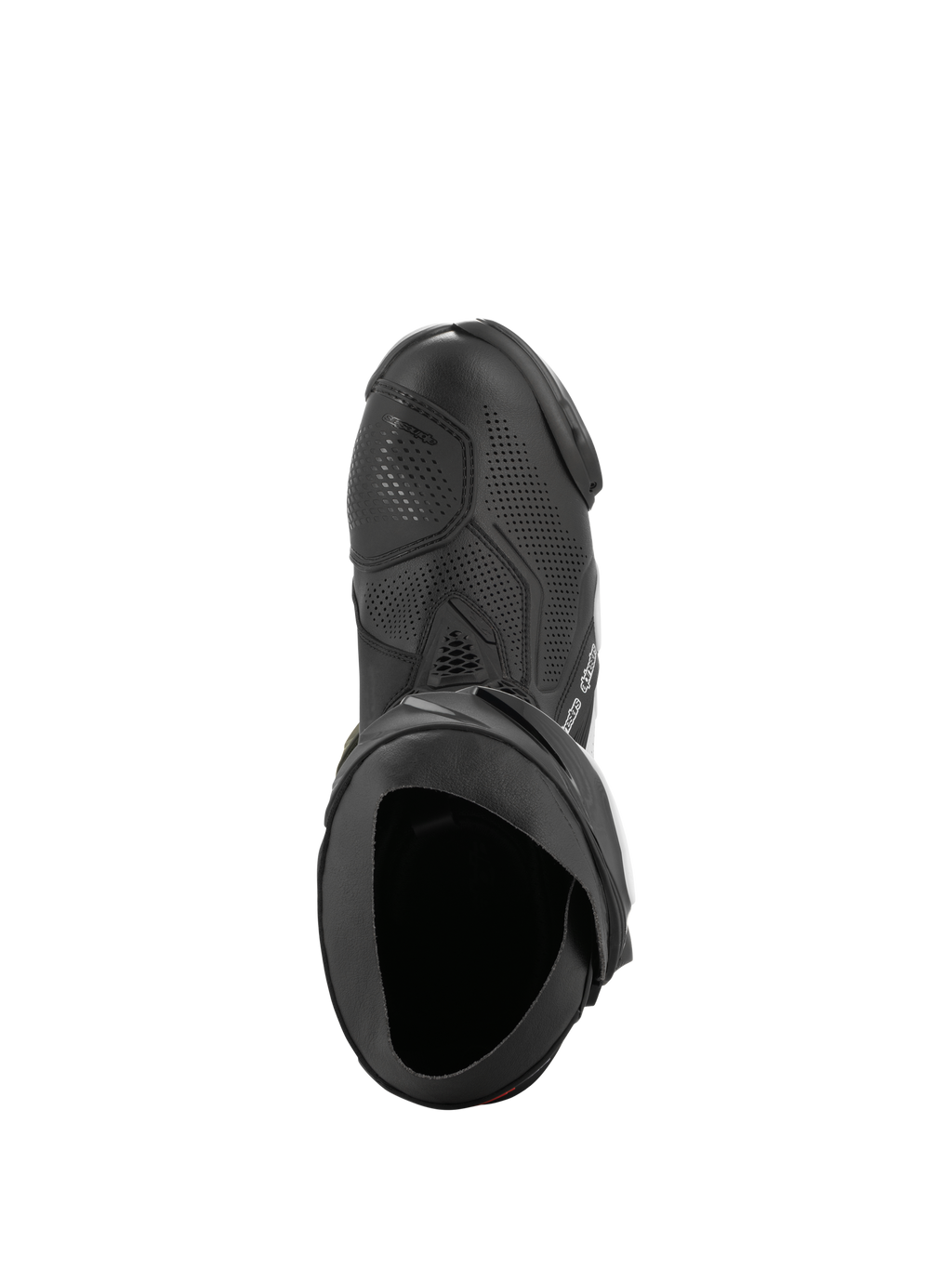 Alpinestars Supertech R Vented Boots, Black and White, top-down view highlighting perforated chassis for airflow, TPU shifter guard, and ergonomic opening, professional racing motorcycle boot.