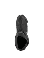Alpinestars Supertech R Vented Boots, Black and White, top-down view highlighting perforated chassis for airflow, TPU shifter guard, and ergonomic opening, professional racing motorcycle boot.