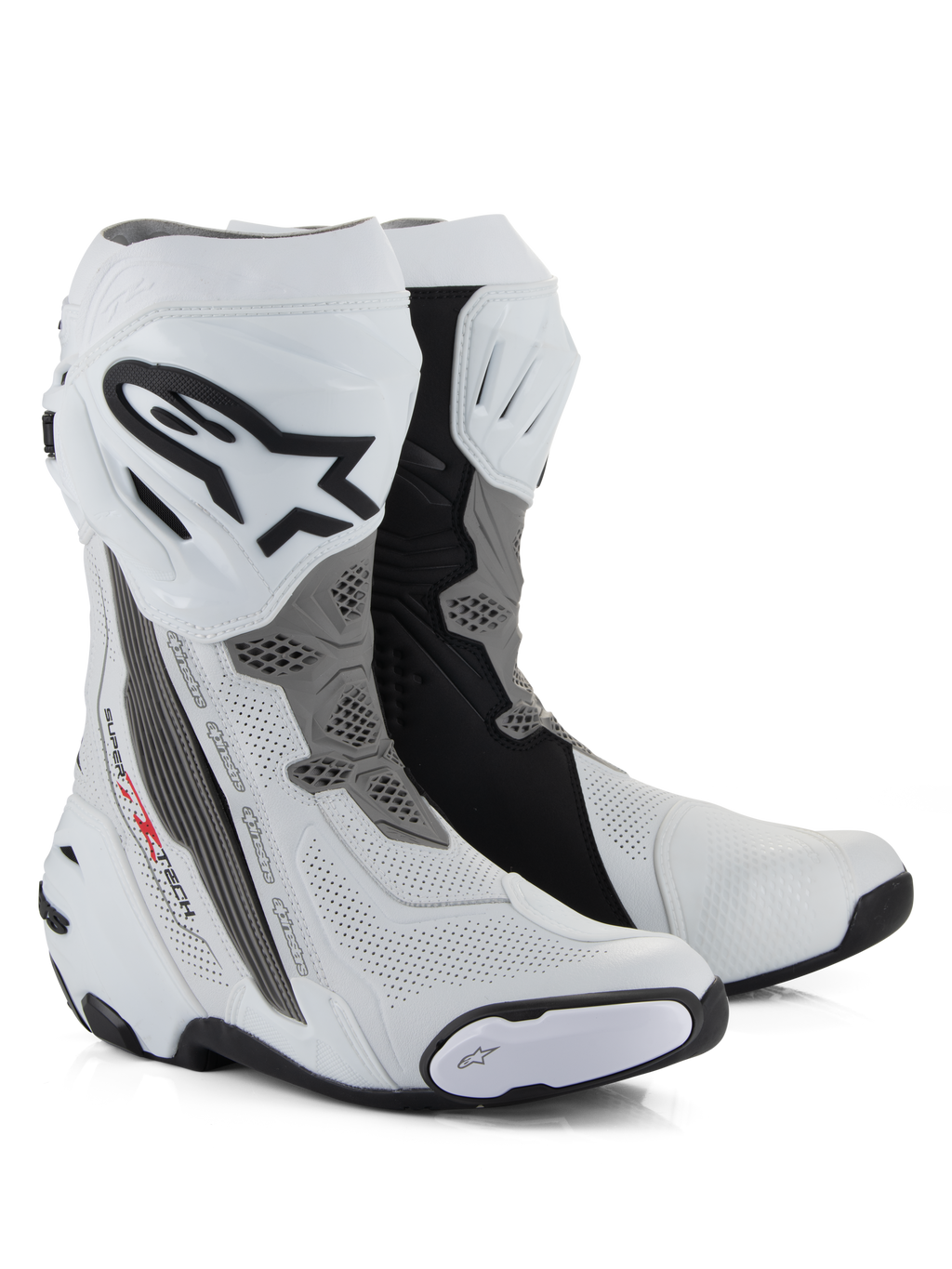 Alpinestars Supertech R Vented Boots, botas de motociclismo de corrida, brancas, cinzento médio e pretas, com construção em microfibra perfurada para fluxo de ar, placa de canela em TPU com logótipo Alpinestars e sliders substituíveis, design profissional pronto para a pista