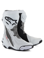 Alpinestars Supertech R Vented Boots, botas de motociclismo de corrida, brancas, cinzento médio e pretas, com construção em microfibra perfurada para fluxo de ar, placa de canela em TPU com logótipo Alpinestars e sliders substituíveis, design profissional pronto para a pista