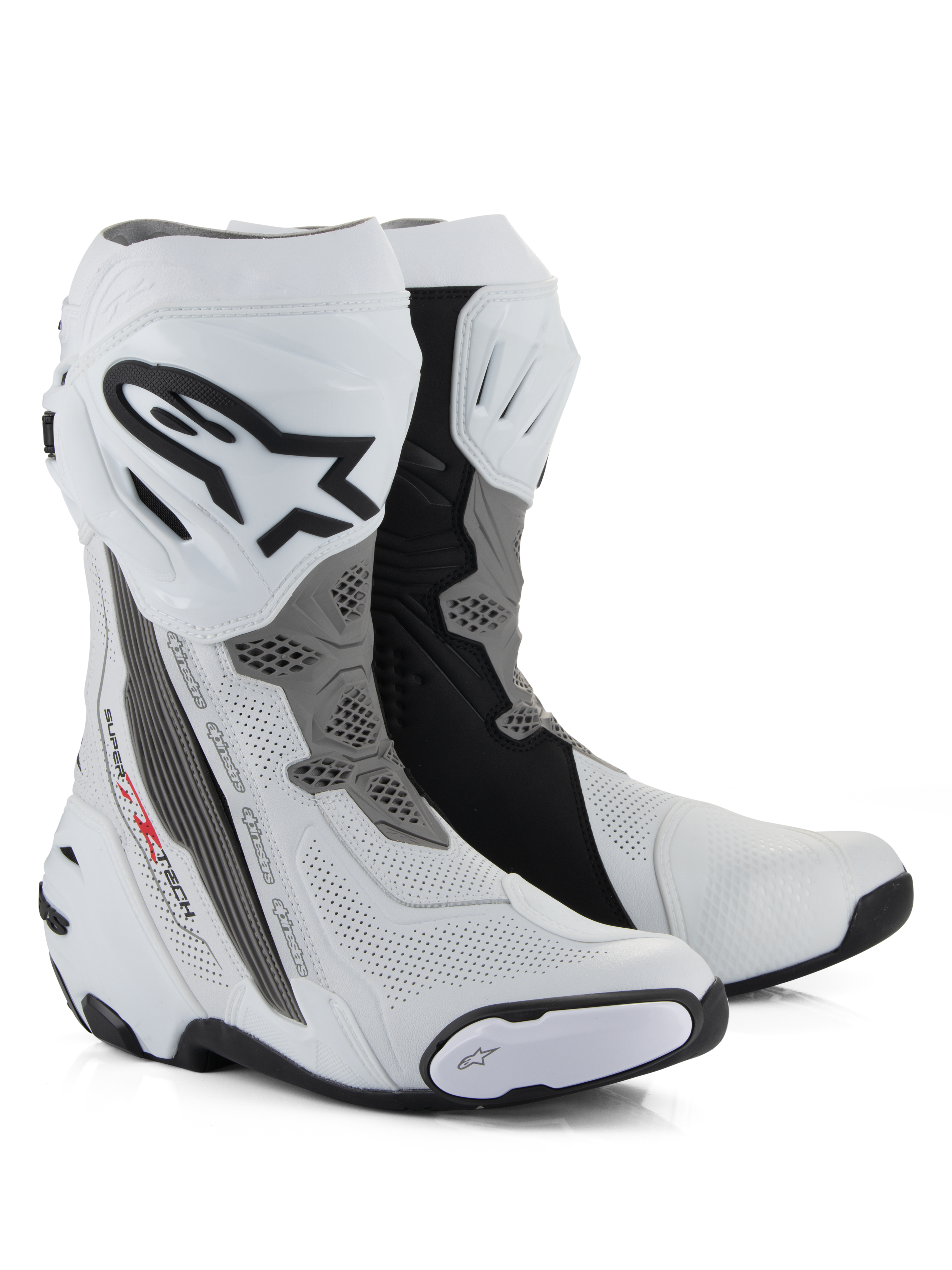Alpinestars Supertech R Vented Boots, botas de motociclismo de corrida, brancas, cinzento médio e pretas, com construção em microfibra perfurada para fluxo de ar, placa de canela em TPU com logótipo Alpinestars e sliders substituíveis, design profissional pronto para a pista