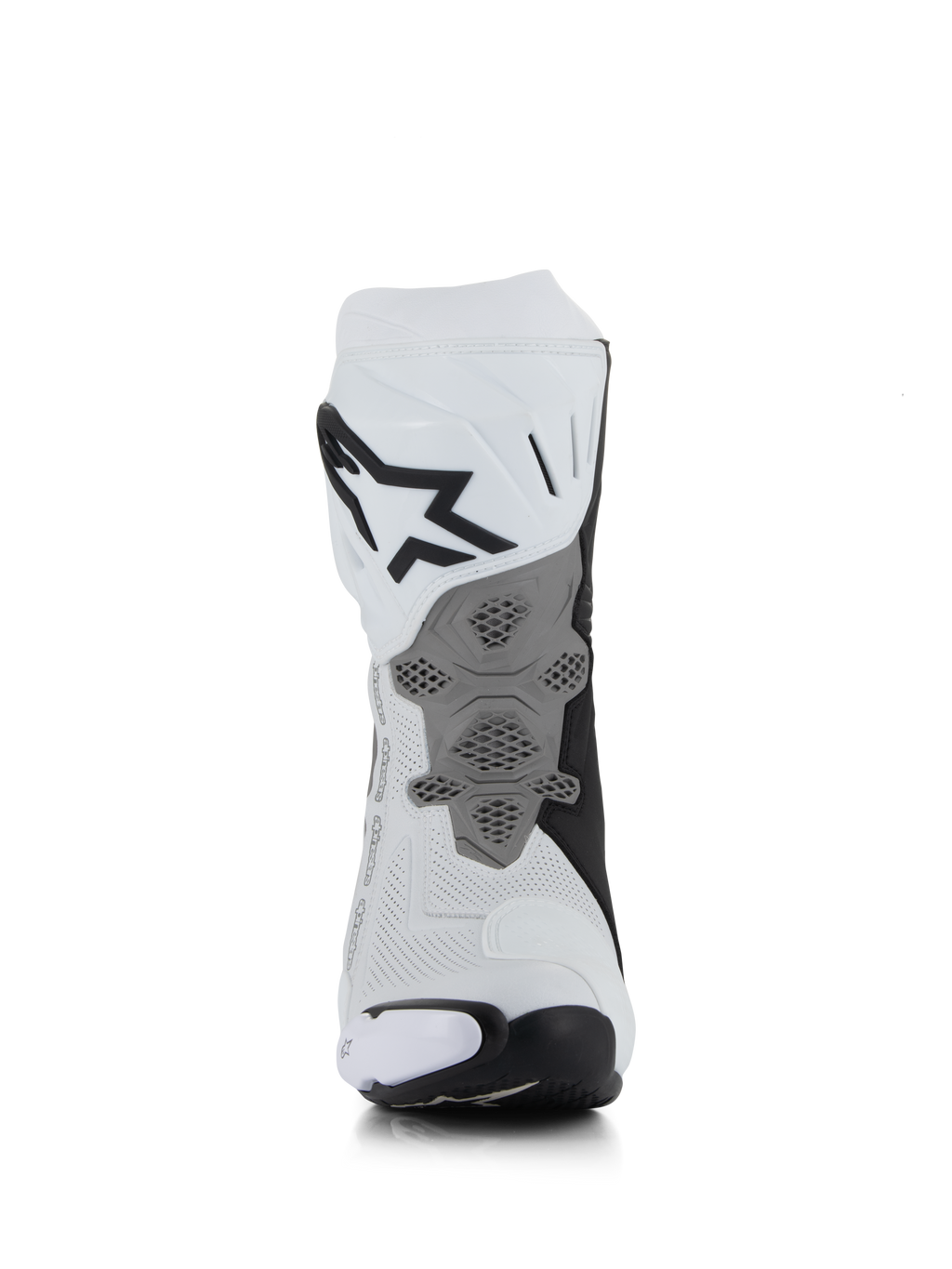 Botas Alpinestars Supertech R Vented, Branco Cinzento Médio Preto, vista traseira com construção em microfibra perfurada, placa de calcanhar cinzenta redesenhada com textura de favo de mel, logótipo preto proeminente na zona superior da barriga da perna, calçado de motociclismo profissional para corrida e desporto