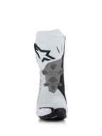 Botas Alpinestars Supertech R Vented, Branco Cinzento Médio Preto, vista traseira com construção em microfibra perfurada, placa de calcanhar cinzenta redesenhada com textura de favo de mel, logótipo preto proeminente na zona superior da barriga da perna, calçado de motociclismo profissional para corrida e desporto